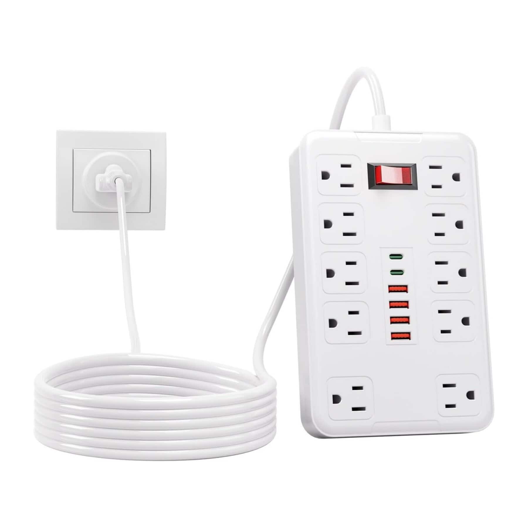 Dazzed Corner - 6FT Surge Protector Power Strip, 10 Outlets & 6 USB Ports (2 USB-C) - White