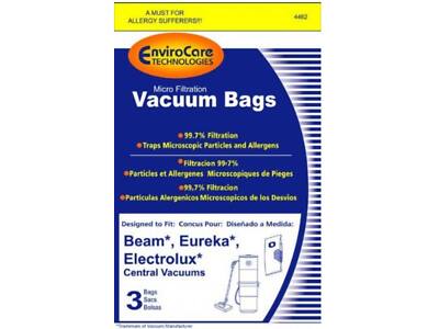 A MUST FOR ALLERGY SUFFERERS!  
4462 EnviroCare Technologies Micro Filtration Vacuum Bags  
99.7% Filtration Traps Microscopic Particles and Allergens  
Filtración 99.7% Partículas et Allergenes Microscopiques de Piéges  
Filtración Partículas Alergénicos Microscópicos de los Desvios  
Designed to Fit: Conçu Pour: Diseñado a Medida:  
Beam*, Eureka*, Electrolux* Central Vacuums  
3 Bags Sacs Bolsas