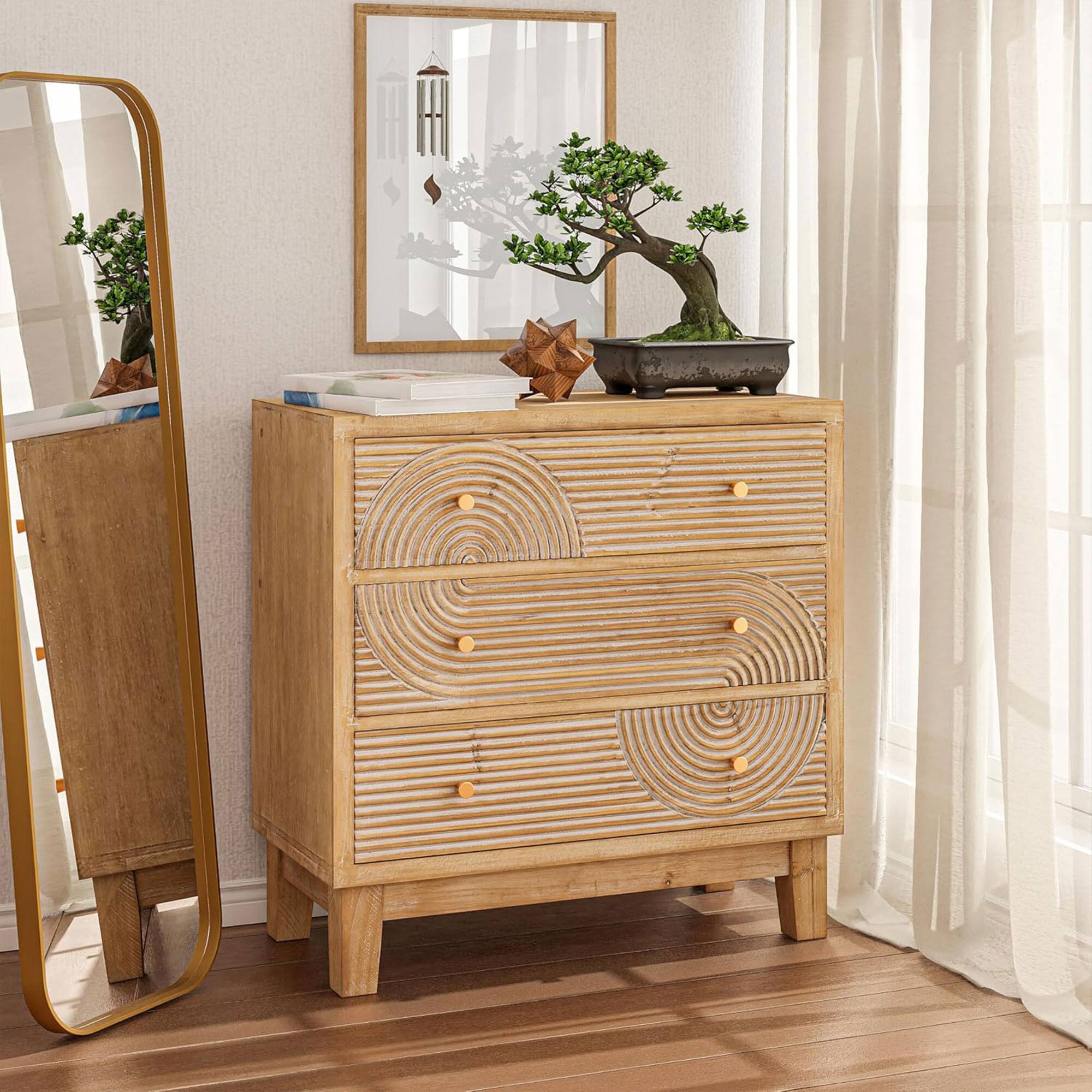 Alt View 5. COZAYH - COZAYH 3-Drawer Farmhouse Dresser, Rustic Ring Motif Nightstand, Natural Wood - Natural Wood.