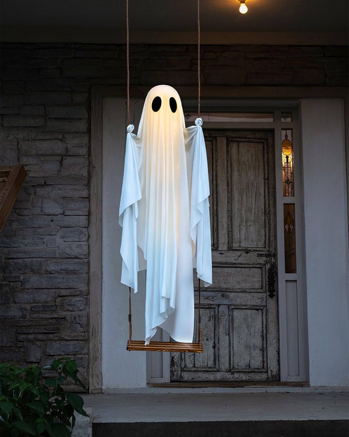 Alt View 2. FASCINATE - 5-ft Lighted Hanging Swing Ghost Halloween Decoration with Remote, 8 Lighting Modes and Timer - White.