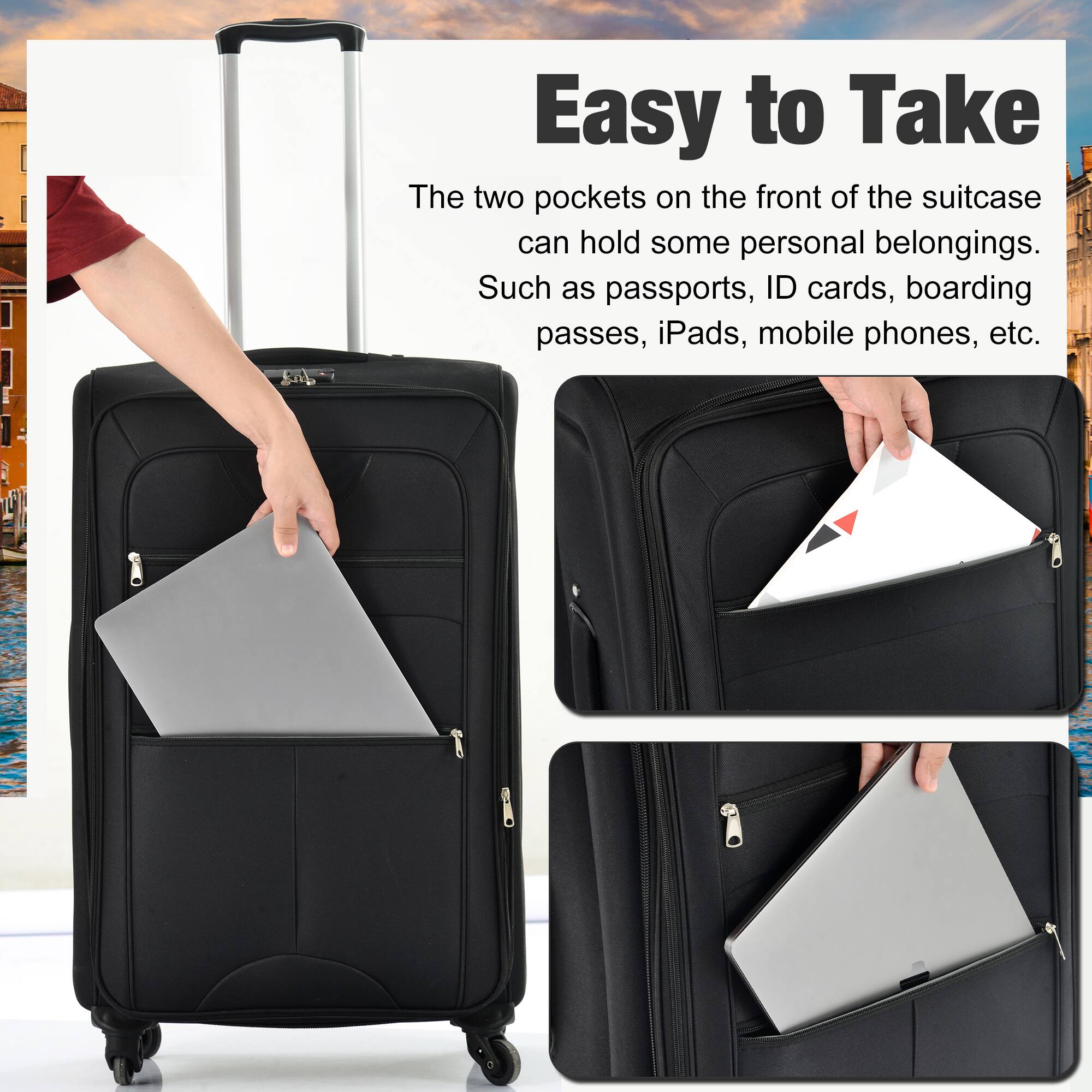 Easy to Take

The two pockets on the front of the suitcase can hold some personal belongings. Such as passports, ID cards, boarding passes, iPads, mobile phones, etc.
