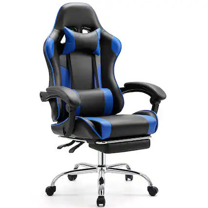 Front. Sweet - Ergonomic Gaming Chair with Footrest and Headrest, PU Leather Height Adjustable Office Desk Chairs for Adults - Black Blue.