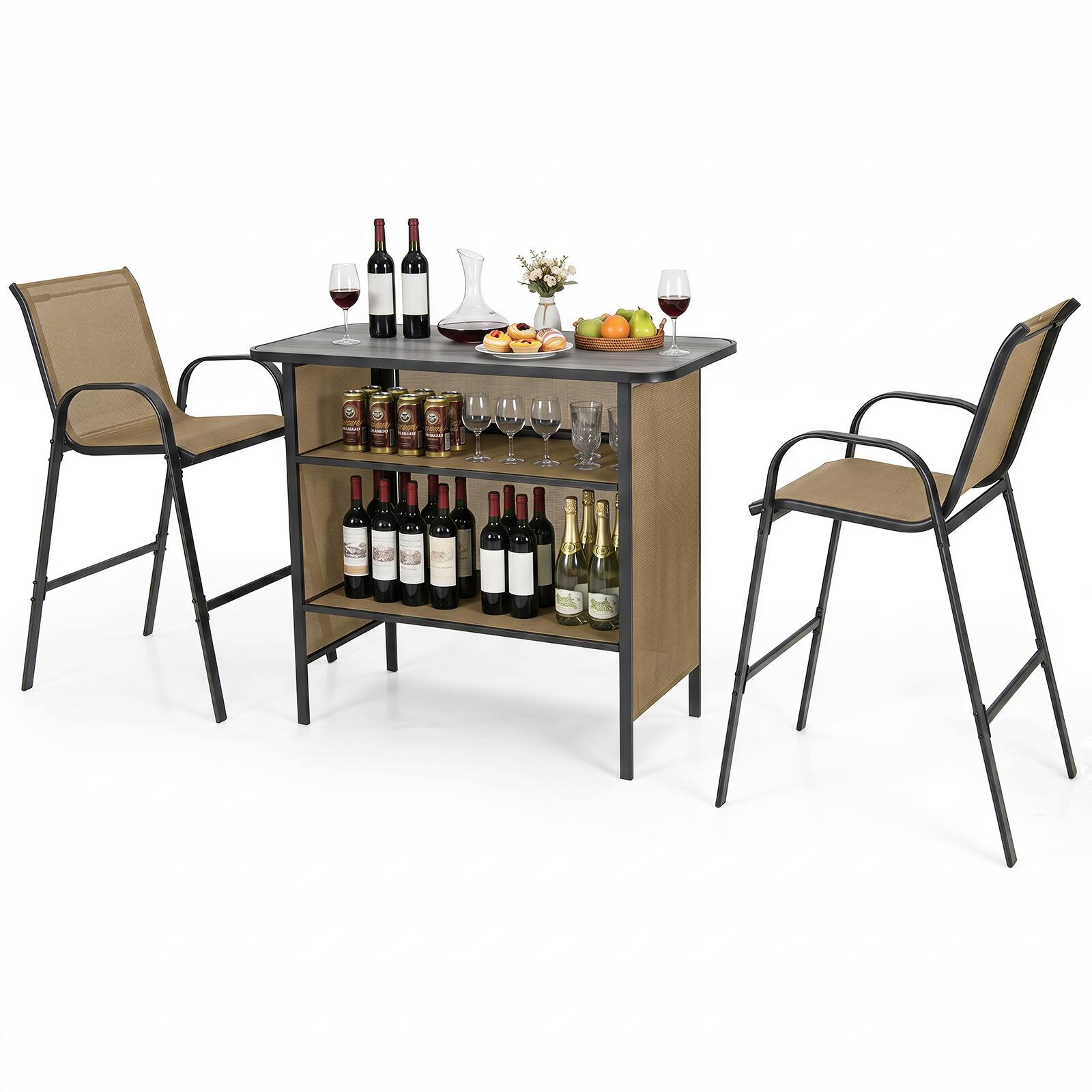 Alt View 9. Costway - Costway 3 PCS Outdoor Bar Set Bar Height Table & Armchairs with Footrest 2-Tier Shelf - Brown.
