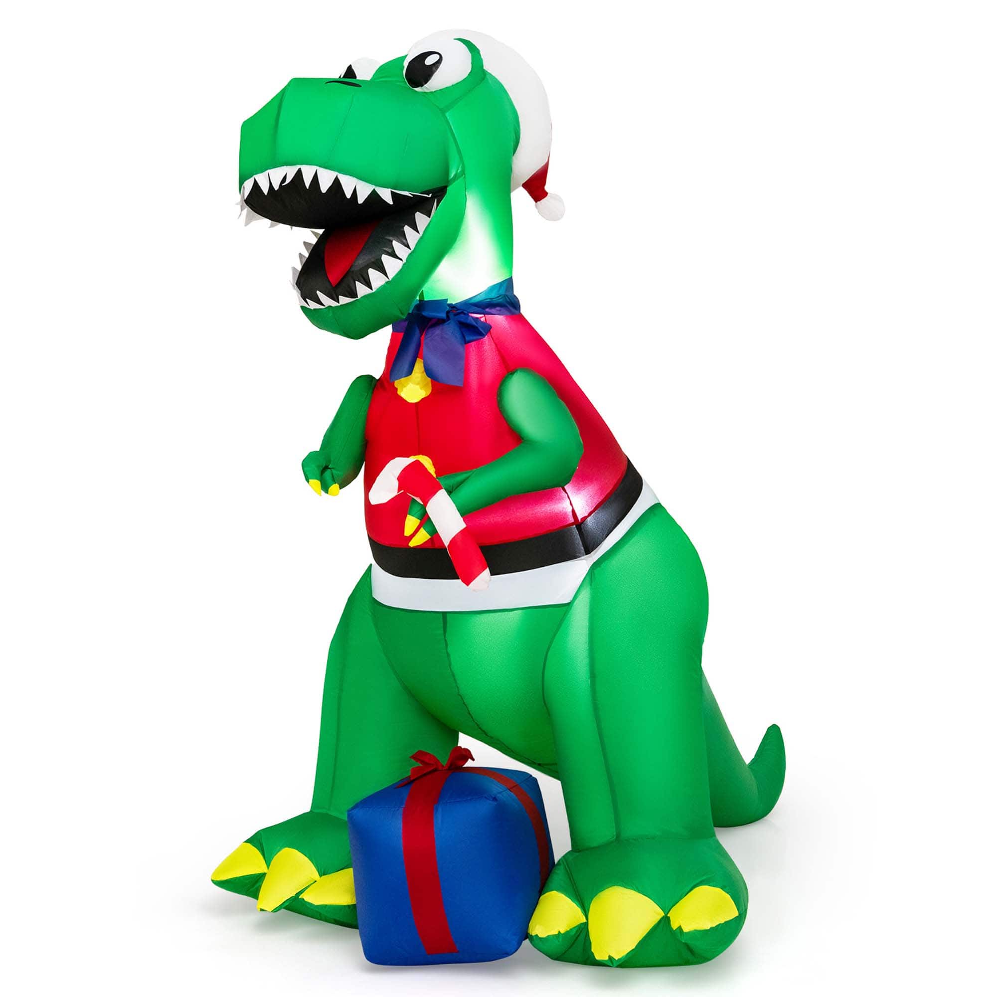 Front. Costway - 6FT Inflatable Christmas Dinosaur Dinosaur Decoration with LED Lights & Gift Box - Multicolor.