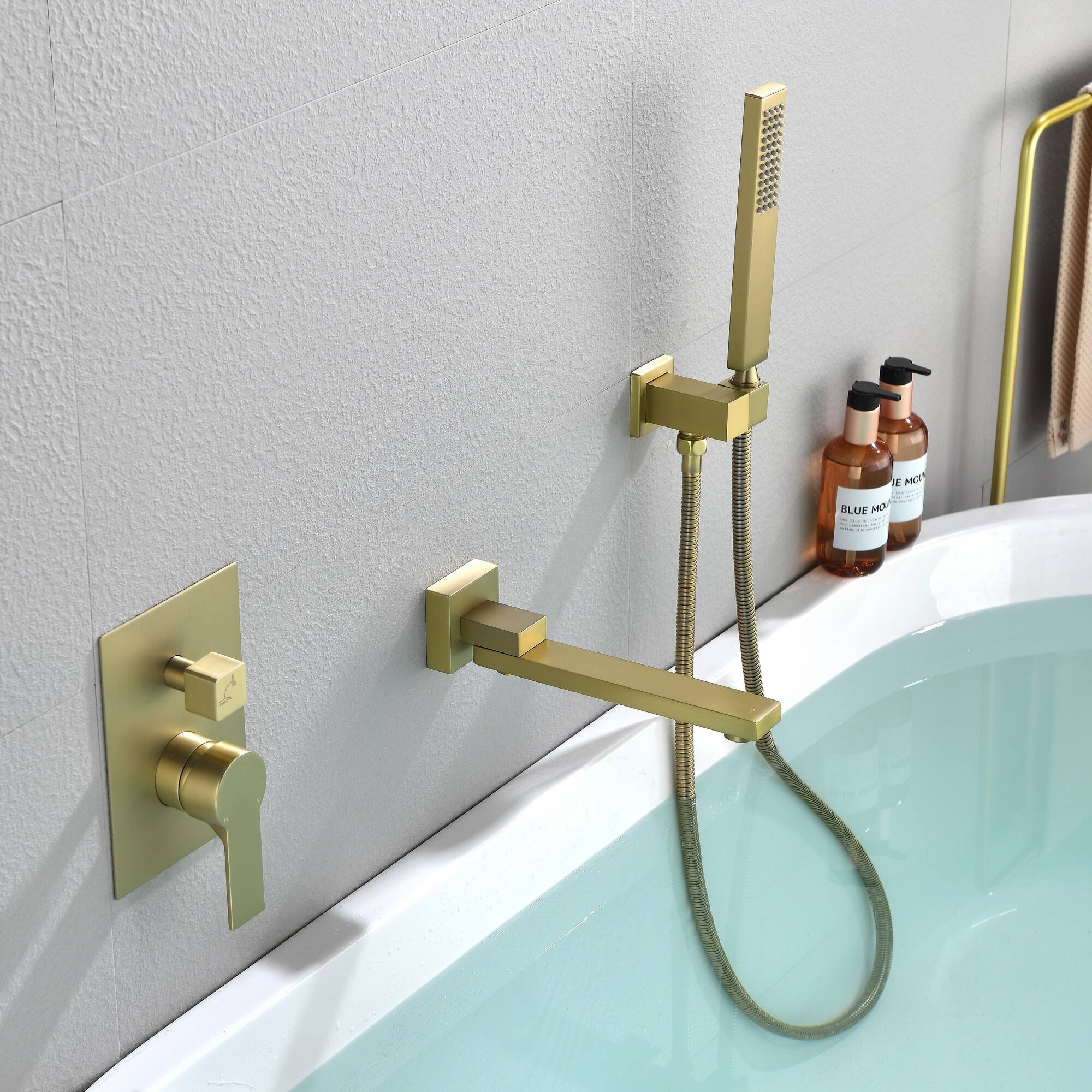 Alt View 3. Boyel Living - Brushed Gold Wall Mount Bathtub Faucet Brass 2-Function Valve 180° Rotating Spout Handheld 60-Inch Hose cUPC - Brushed Gold.