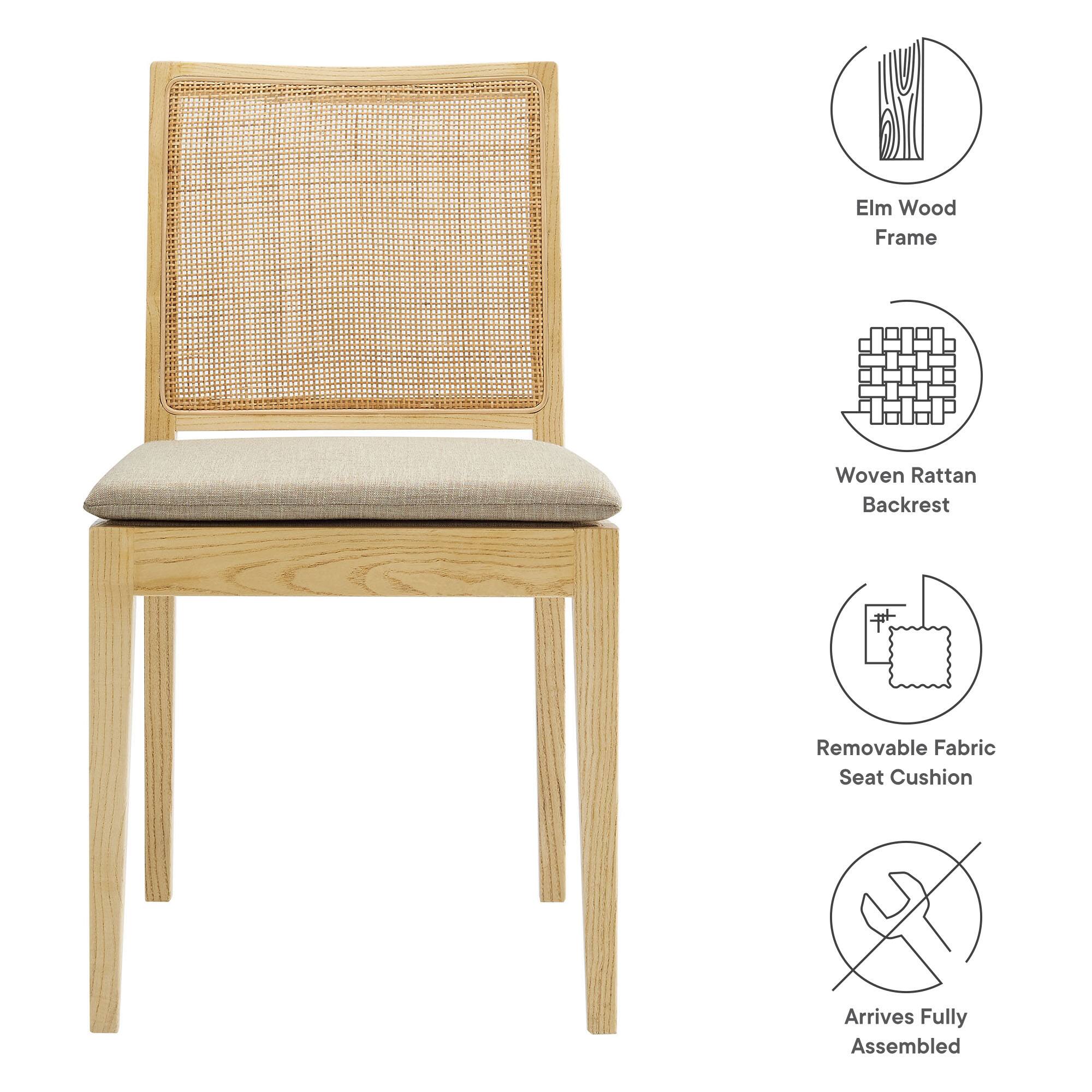 Elm Wood Frame  
Woven Rattan Backrest  
Removable Fabric Seat Cushion  
Arrives Fully Assembled