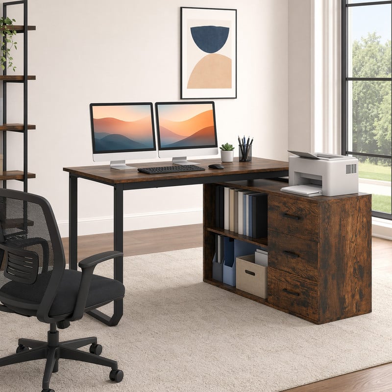 "WELLFOR - 55"" Inch Reversible L Shaped Desk with Charging Station & 3 Drawers, Modern Computer Desk with Storage Shelves - Rustic Brown" price history on PriceWatchPro