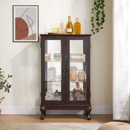 Front. Mirfee - 2-Door Curio Cabinet with Tempered Glass, Mirrored Back, Adjustable Shelves, Light, Cherry - Cherry.