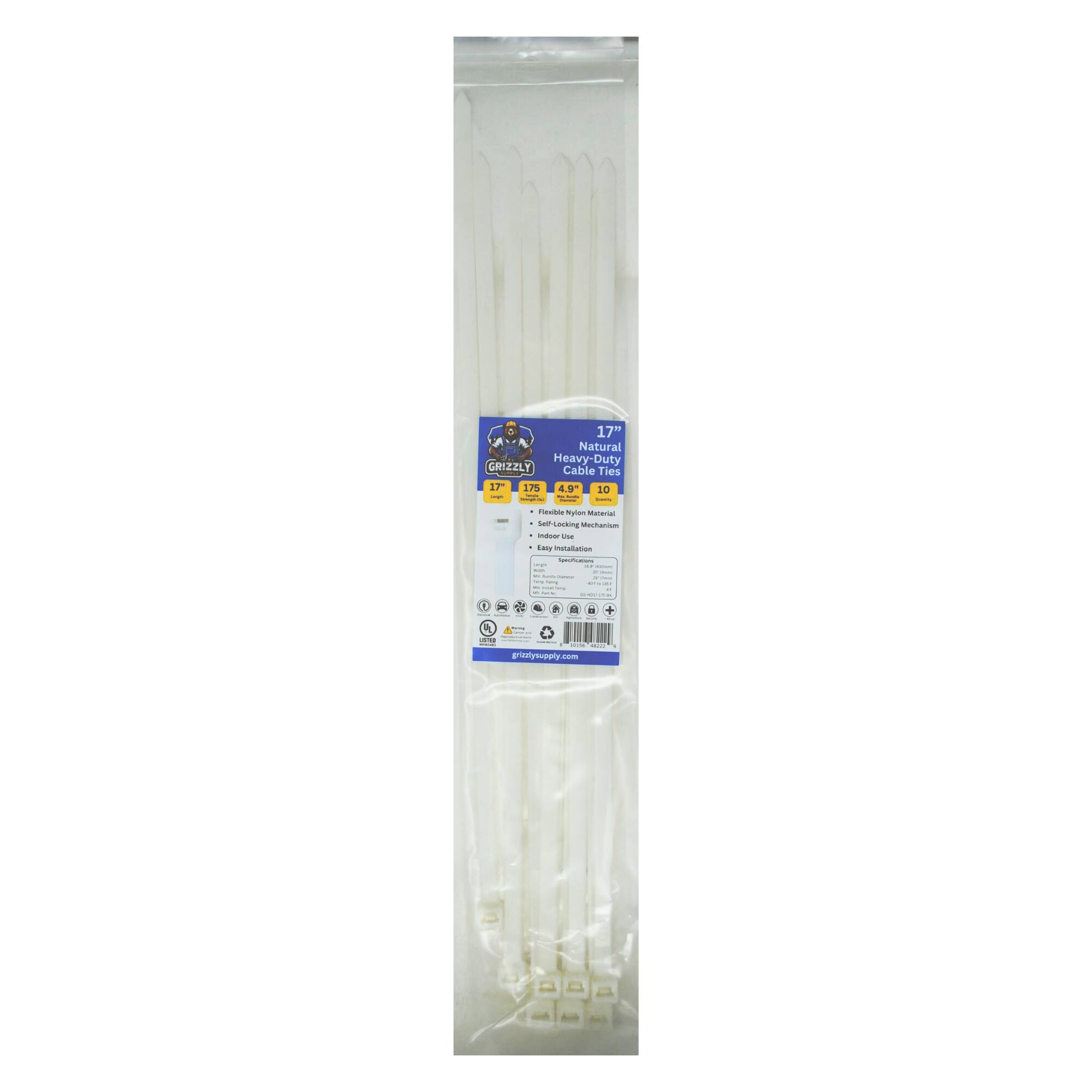 17" Natural Heavy-Duty GRIZZLY Cable Ties | 17 175 4.9 10 -  -d  I d - Tylan Munamal i Seuting Mastard - - dass -  - -. - | I - I - - - - - : - I I - - - . | -  e  I .. | - : : grinlyspply.com -