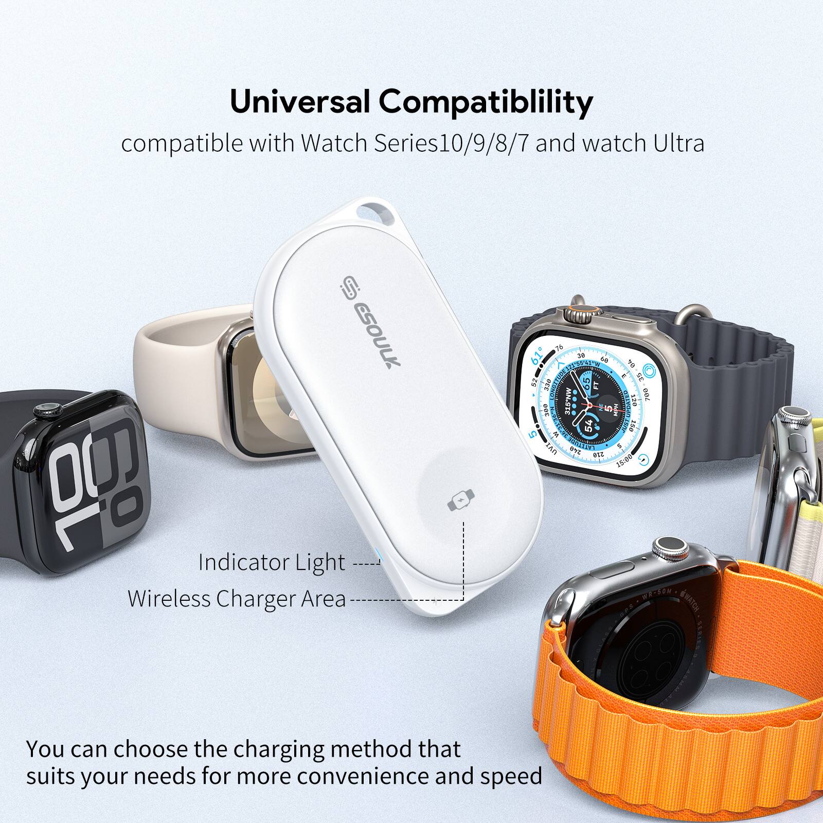 Universal Compatibility  
compatible with Watch Series 10/9/8/7 and watch Ultra  

Indicator Light  
Wireless Charger Area  

You can choose the charging method that suits your needs for more convenience and speed