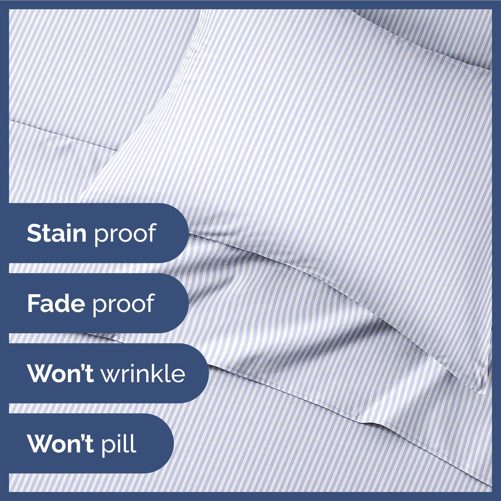 Stain proof  
Fade proof  
Won't wrinkle  
Won't pill