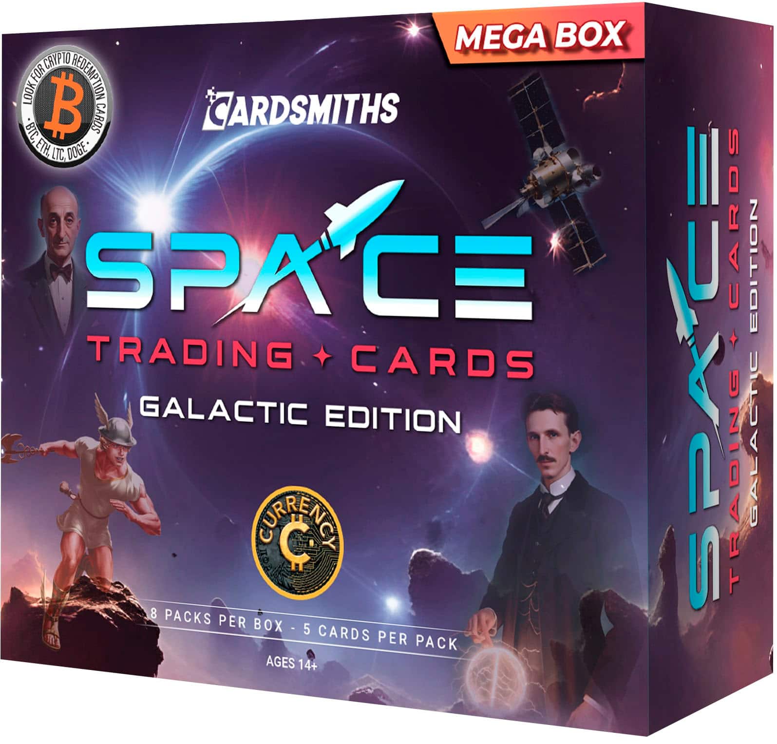Mega Box Crypto 0 for redemption. Look for the redemption code on the back of the cards. Space Trading Cards Galactic Edition. 8 packs per box, 5 cards per pack. Ages 14+.