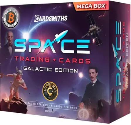 Mega Box Crypto 0 for redemption. Look for the redemption code on the back of the cards. Space Trading Cards Galactic Edition. 8 packs per box, 5 cards per pack. Ages 14+.