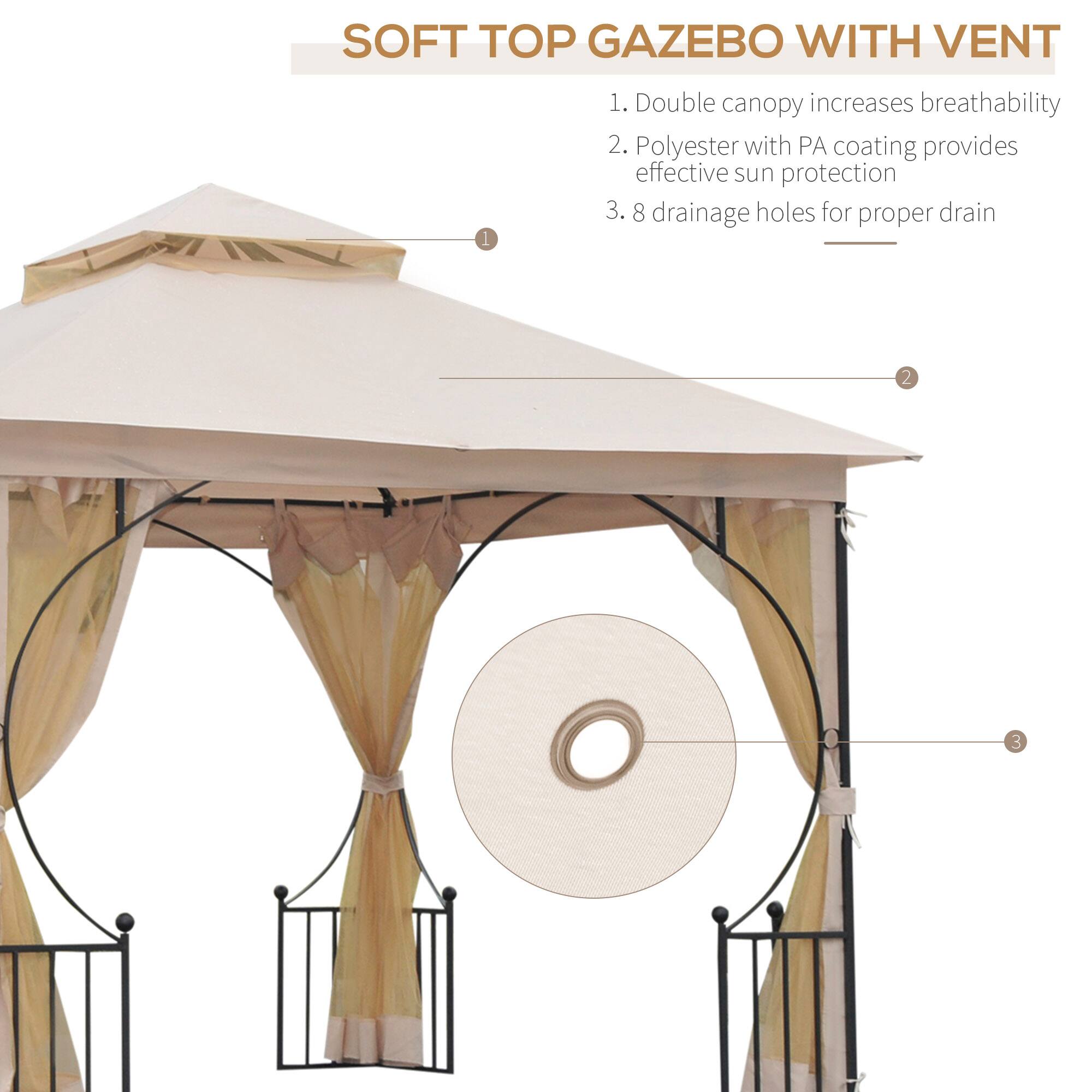 SOFT TOP GAZEBO WITH VENT

1. Double canopy increases breathability
2. Polyester with PA coating provides effective sun protection
3. 8 drainage holes for proper drain