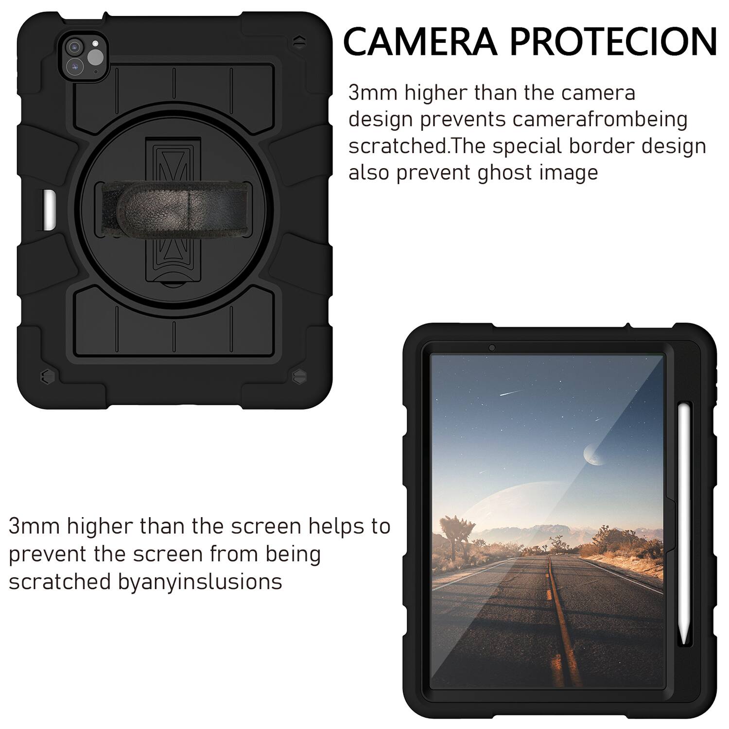 CAMERA PROTECION  
3mm higher than the camera design prevents camera from being scratched. The special border design also prevents ghost image.  

3mm higher than the screen helps to prevent the screen from being scratched by any inclusions.