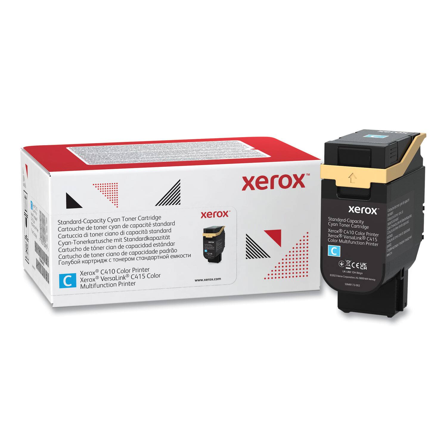 Xerox Standard-Capacity Cyan Toner Cartridge  
Cartouche de toner cyan de capacité standard  
Cartuccia di toner ciano di capacità standard  
Cyan-Tonerpatrone mit Standardkapazität  
Cartucho de toner cian de capacidad estándar  
Фотобарабан с тонером стандартной емкости  

Xerox C410 Color Printer  
Xerox VersaLink C415 Color  
Multifunction Printer  

www.xerox.com