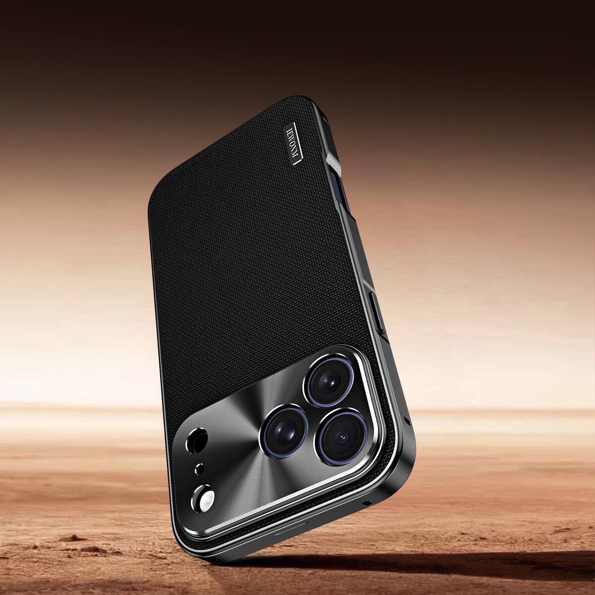 Back. Dteck - Rugged Case for Apple iPhone 17 Pro, Shockproof Magnetic Aluminum Fabric Texture Hybrid Cover, Precise Lens Guard - Brown.