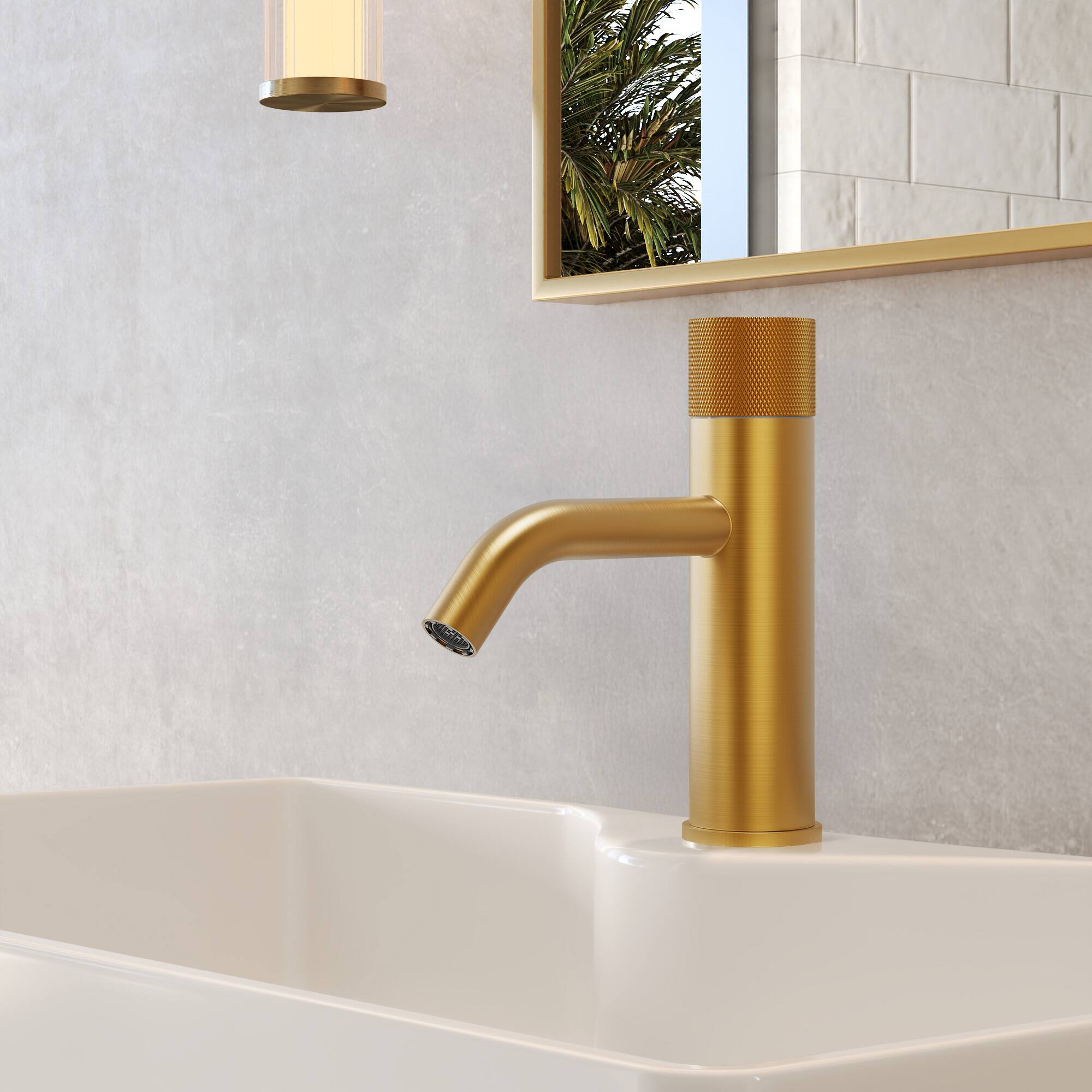 Angle. GRANDJOY - Low-Arc Single Handle Bathroom Sink Faucet with Knurled Texture and Pop-Up Drain Assembly - Brushed Gold.