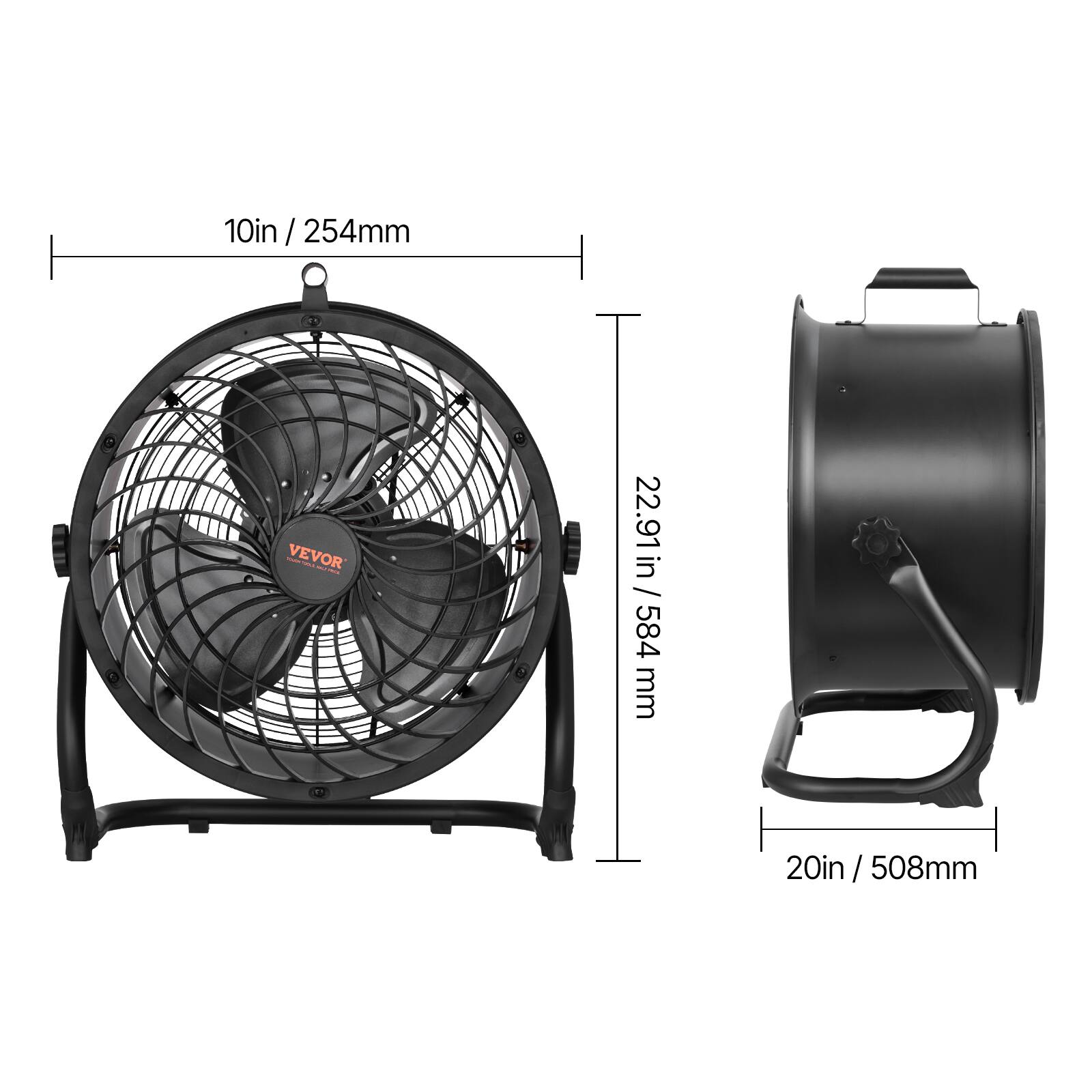 10in / 254mm  
22.91in / 584mm  
20in / 508mm