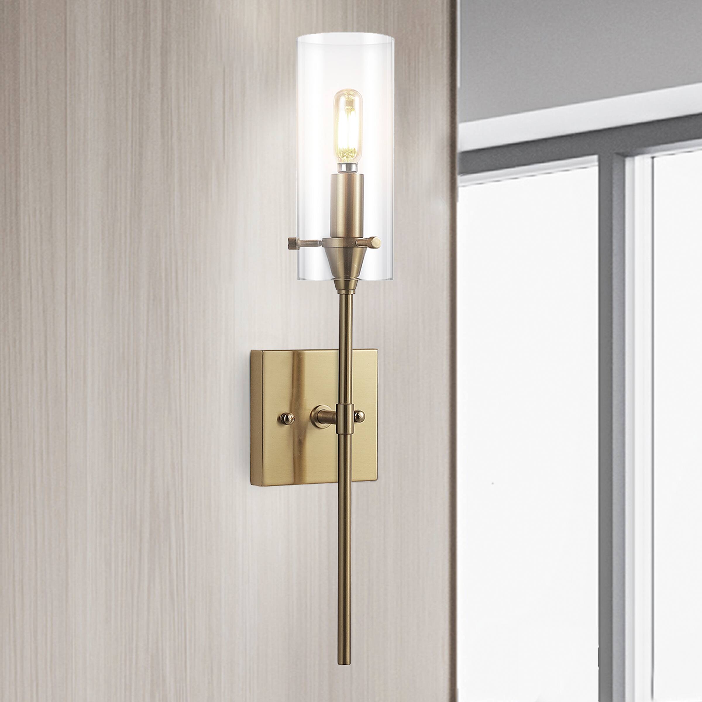 Alt View 1. Jonathan Y - Cato 4.5" 1-Light Bohemian Farmhouse Iron/Glass LED Vanity, Brass Gold/Clear - Brass Gold.