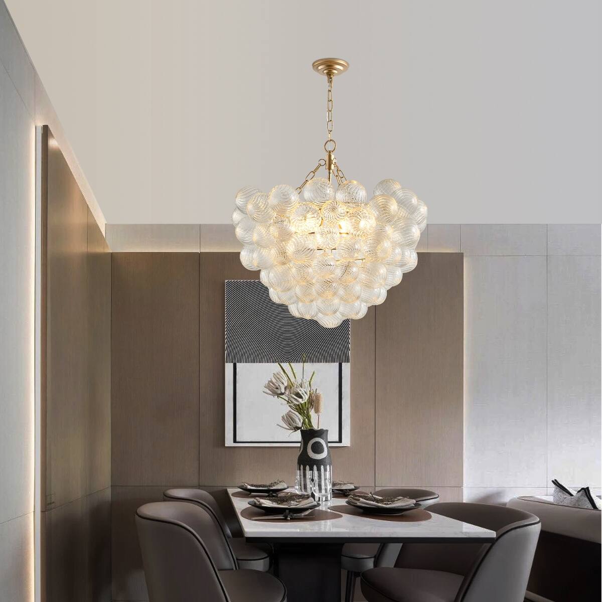 Left. Loheer - Loheer Gold Pendant Light Chandelier with Threaded Clear Glass Globe Shade, Adjustable Height.