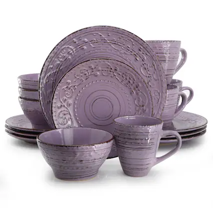 Front. Elama - Elama Malibu Mica 16-Piece Stoneware Dinnerware Set in Purple - Purple.