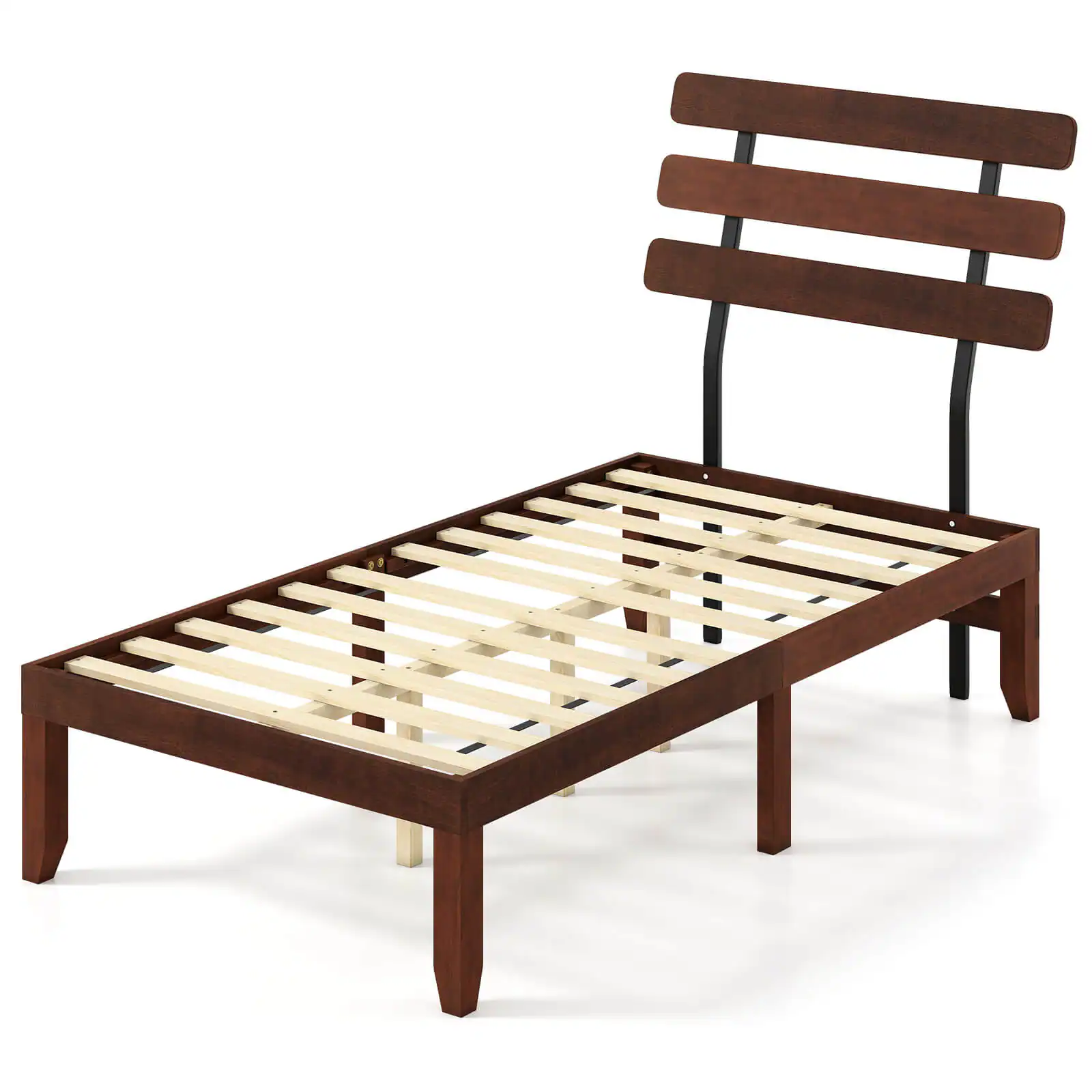 Costway - 15.5 Inch Twin Size Bed Frame with Retro Headboard &Under-Bed Storage Space - Walnut