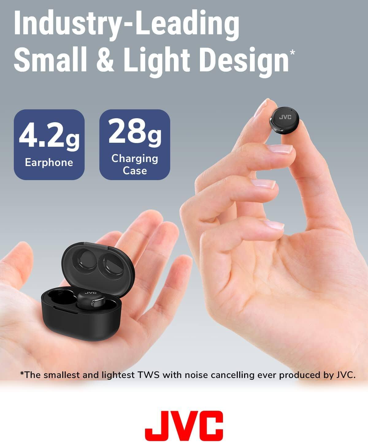 Industry-Leading Small & Light Design*

4.2g Earphone  
28g Charging Case

*The smallest and lightest TWS with noise cancelling ever produced by JVC.

JVC