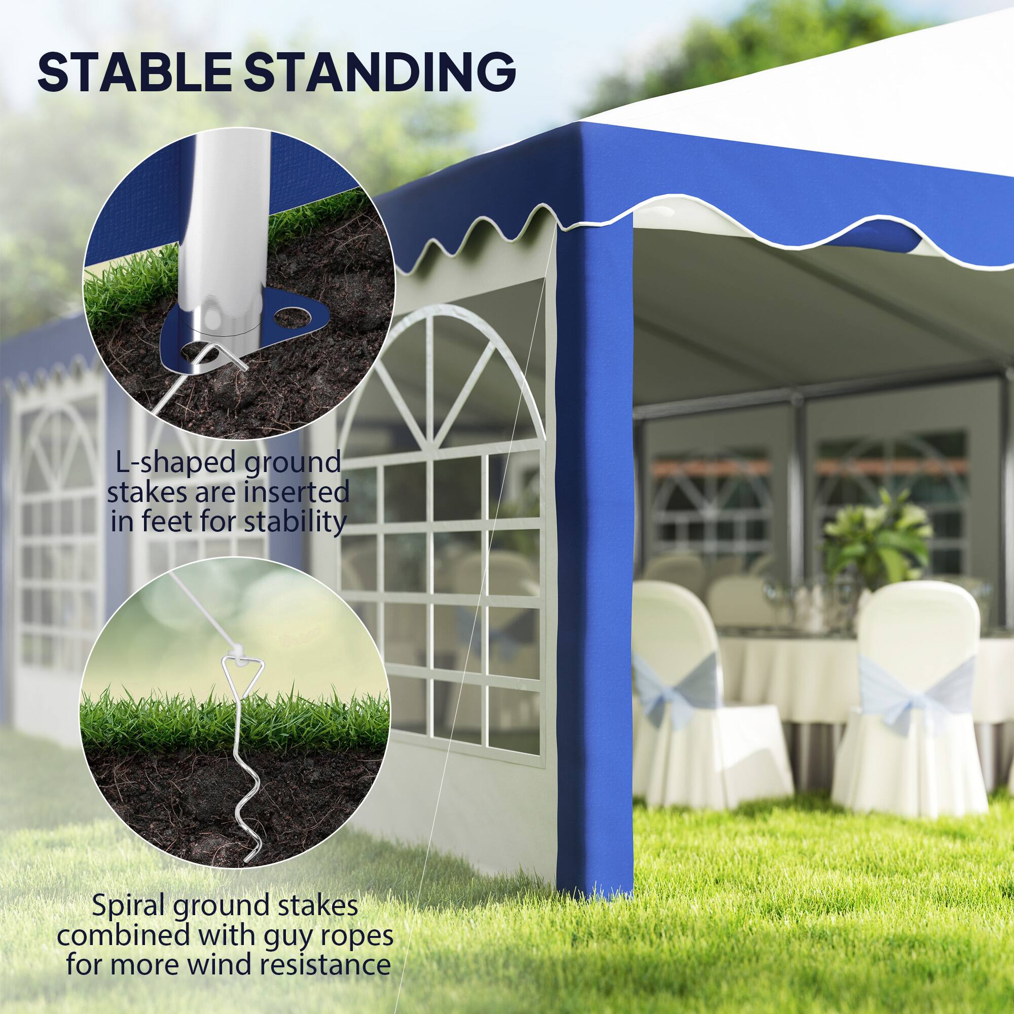 STABLE STANDING

L-shaped ground stakes are inserted in feet for stability

Spiral ground stakes combined with guy ropes for more wind resistance