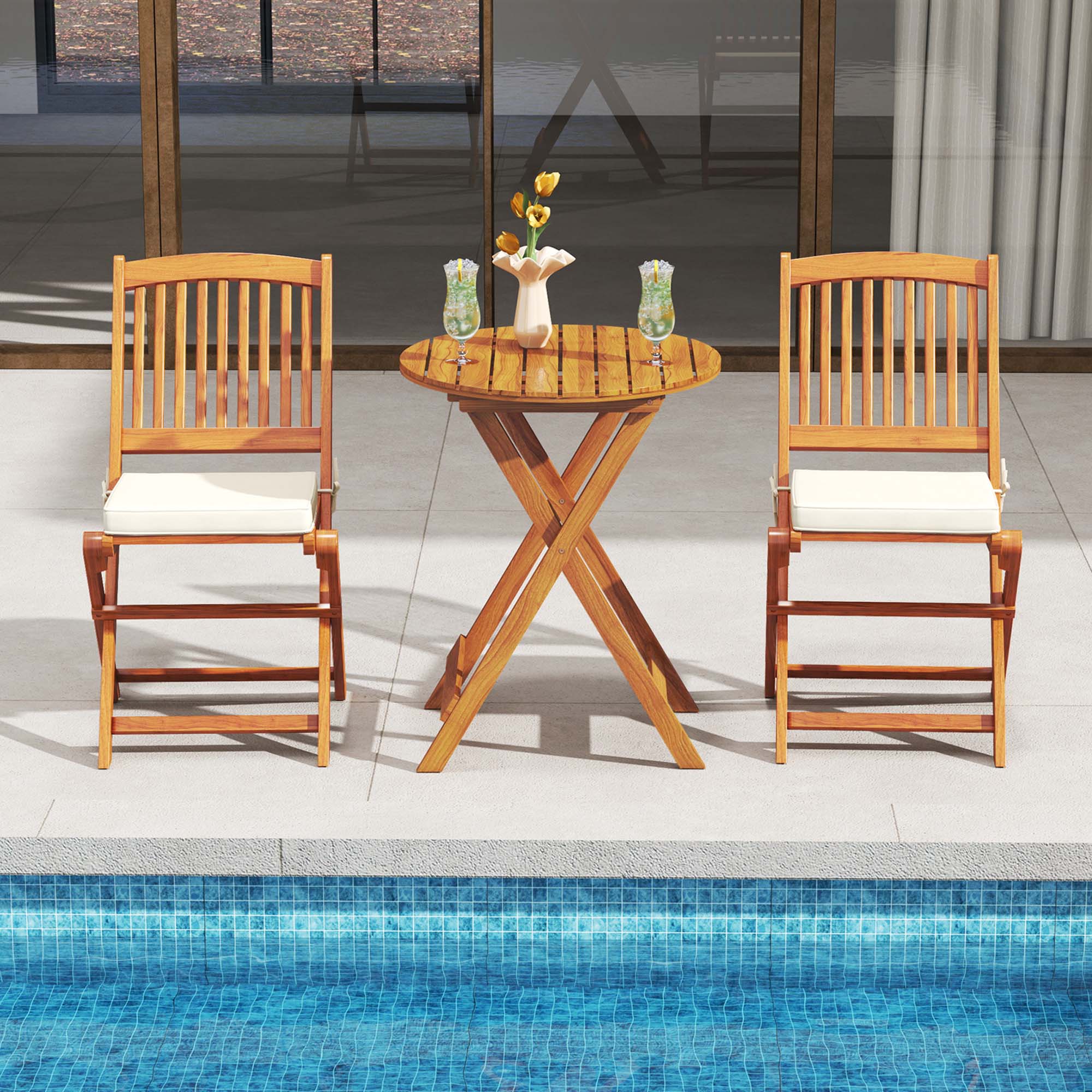 Alt View 3. Costway - Costway Outdoor Folding Chairs Set of 4 Acacia Wood High-Back Chair with Seat Cushions - Beige.