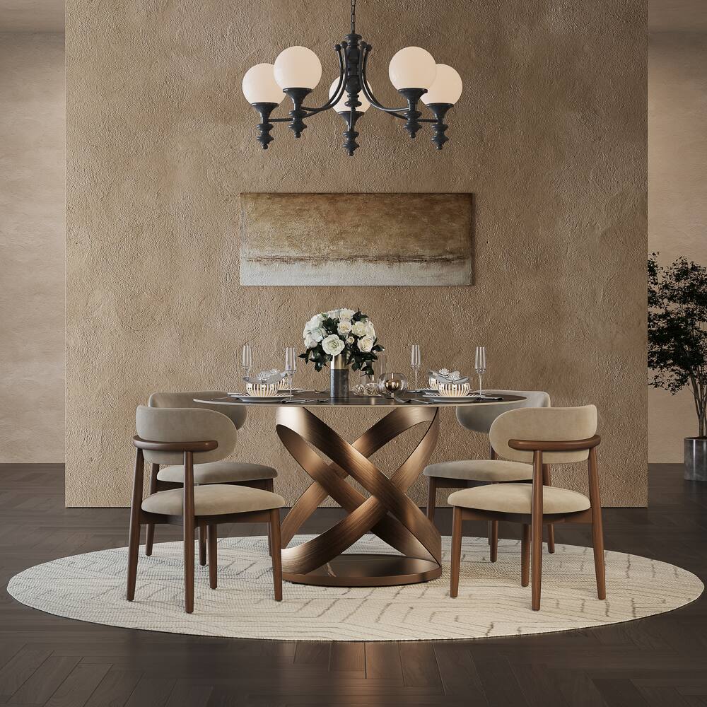 Left. POVISON - 51" Modern Black Round Dining Table for 4, Matte Sintered Stone Tabletop with Bronze X Carbon Steel Base - Black Matte Sintered Stone with Bronze.