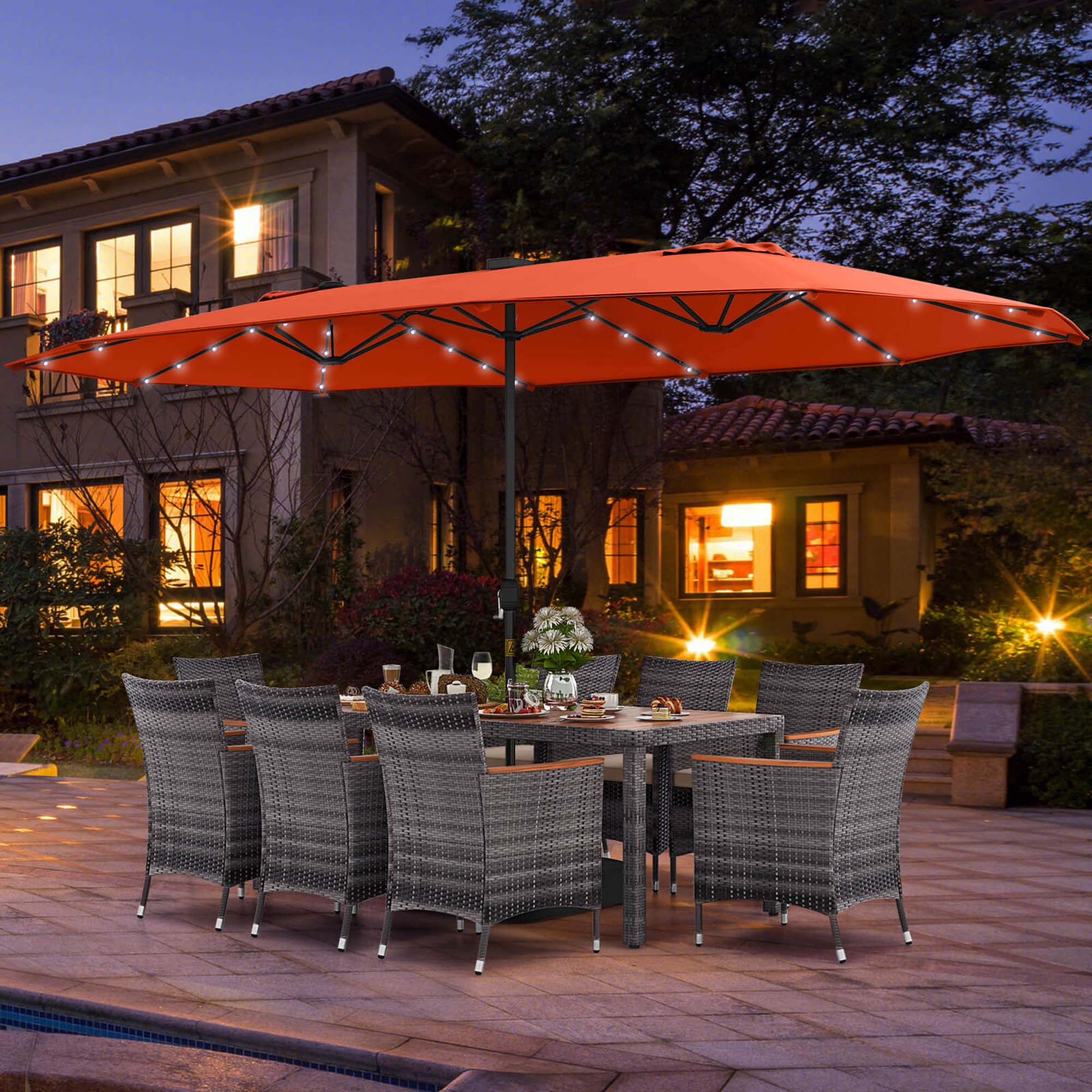 Alt View 5. Costway - 11 PCS Patio Dining Set with 15 ft Double-Sided Patio Umbrella 8 Armchairs - Mix Gray,Beige,Orange.