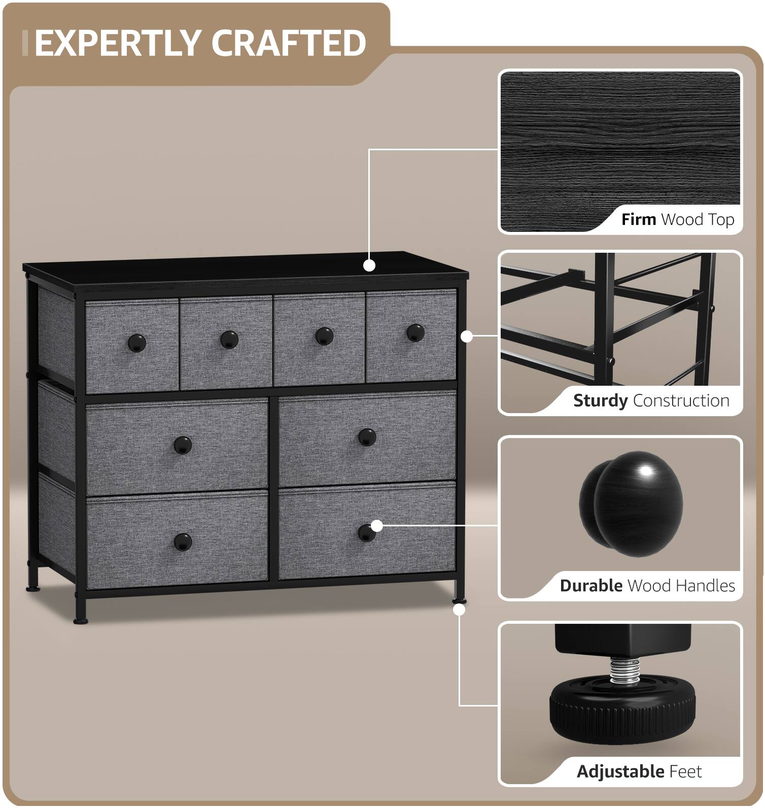 EXPERTLY CRAFTED

- Firm Wood Top
- Sturdy Construction
- Durable Wood Handles
- Adjustable Feet