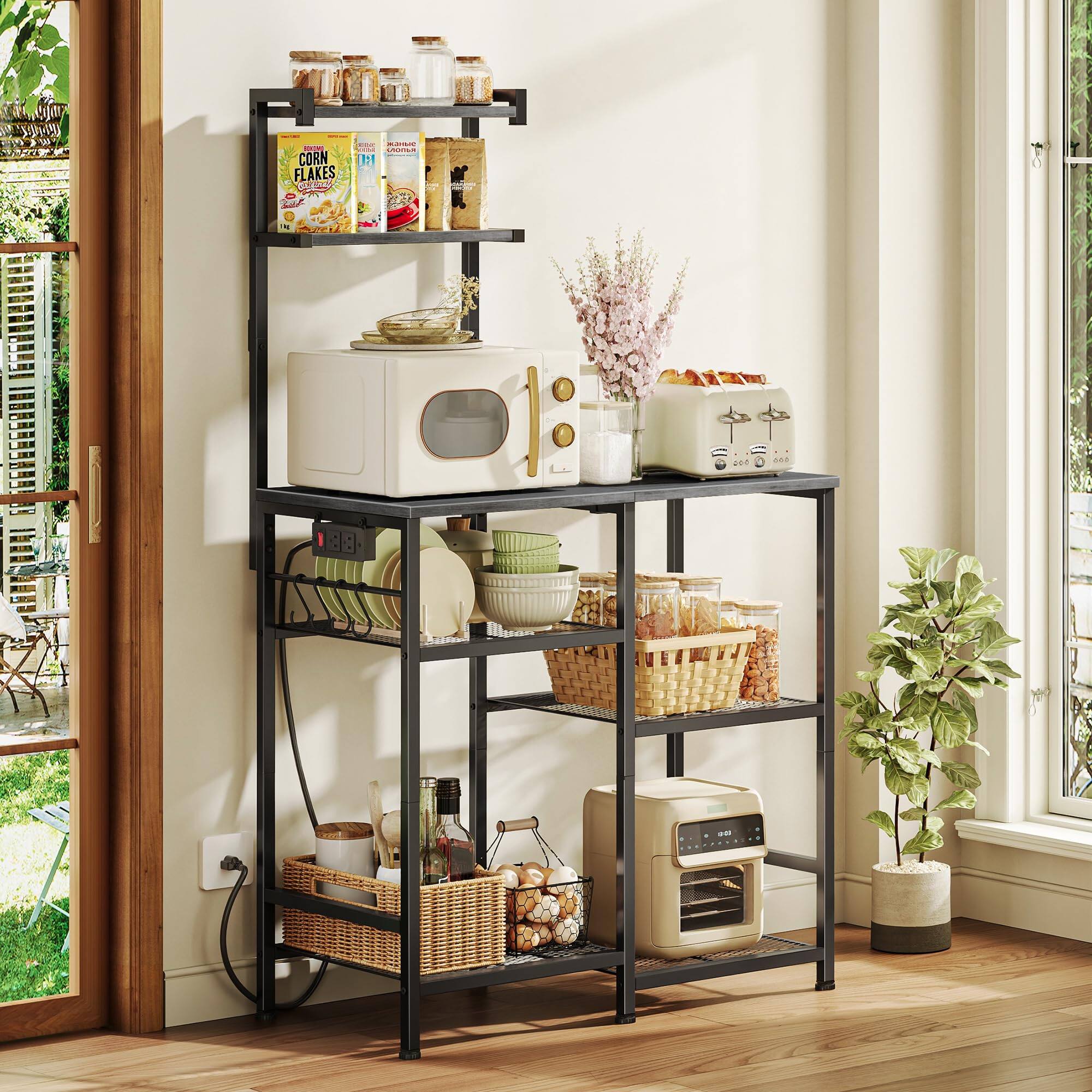 Stylel Star - 31.5 Inch Bakers Rack Power Outlets Kitchen Microwave Stand Storage - Charcoal Gray