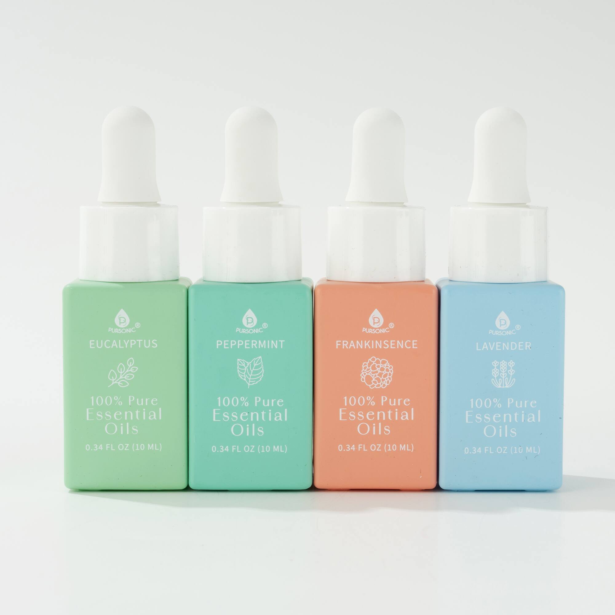 P PURSONIC EUCALYPTUS
P PURSONIC PEPPERMINT
P PURSONIC FRANKINSENCE
P PURSONIC LAVENDER
100% Pure Essential Oils
0.34 FL OZ (10 ML)
100% Pure Essential Oils
0.34 FL OZ (10 ML)
100% Pure Essential Oils
0.34 FL OZ (10 ML)
100% Pure Essential Oils
0.34 FL OZ (10 ML)