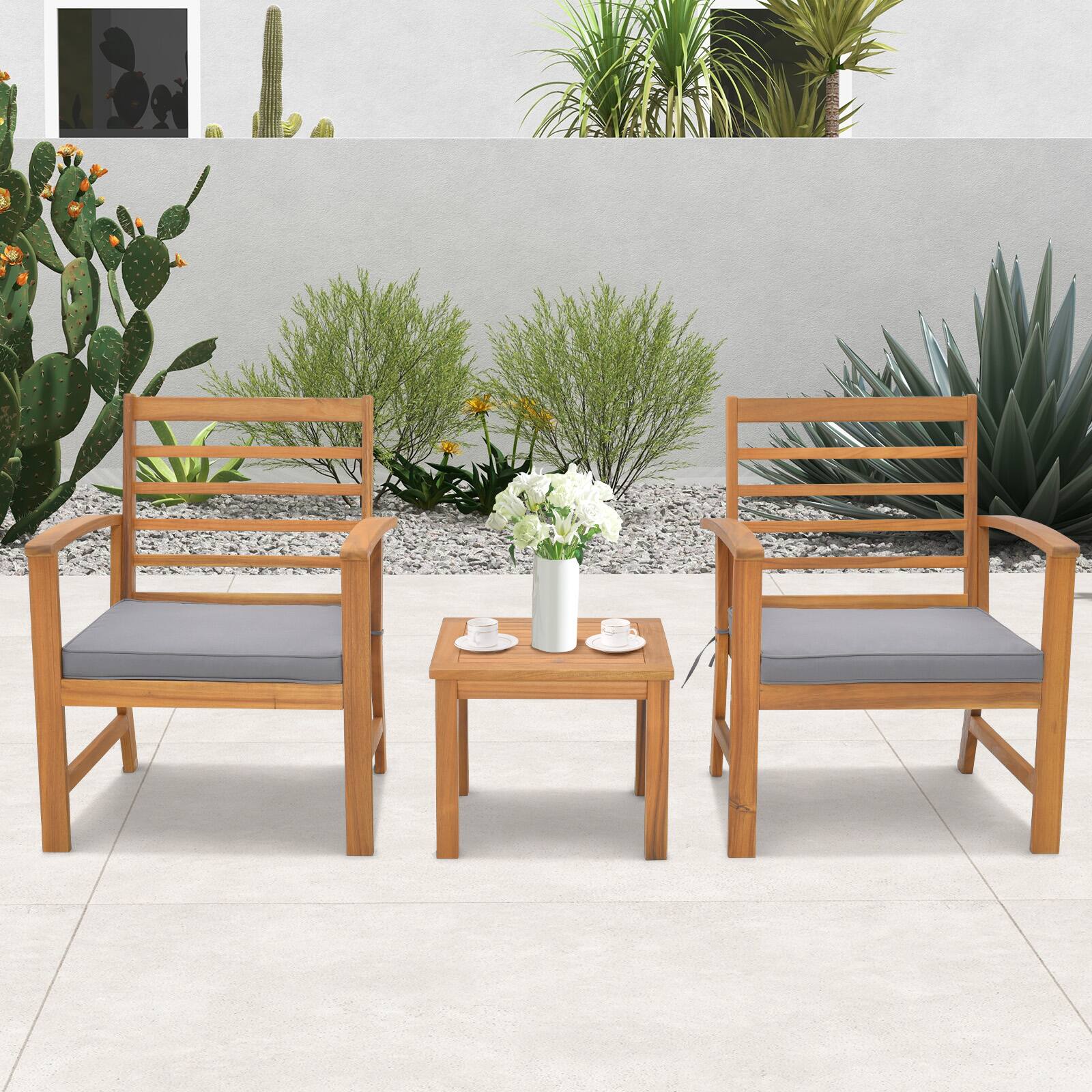 Alt View 1. Gymax - Gymax 3PCS Furniture Set Acacia Wood Conversation Set w/ Soft Seat Cushions Outdoor Gray - Natural, Gray.