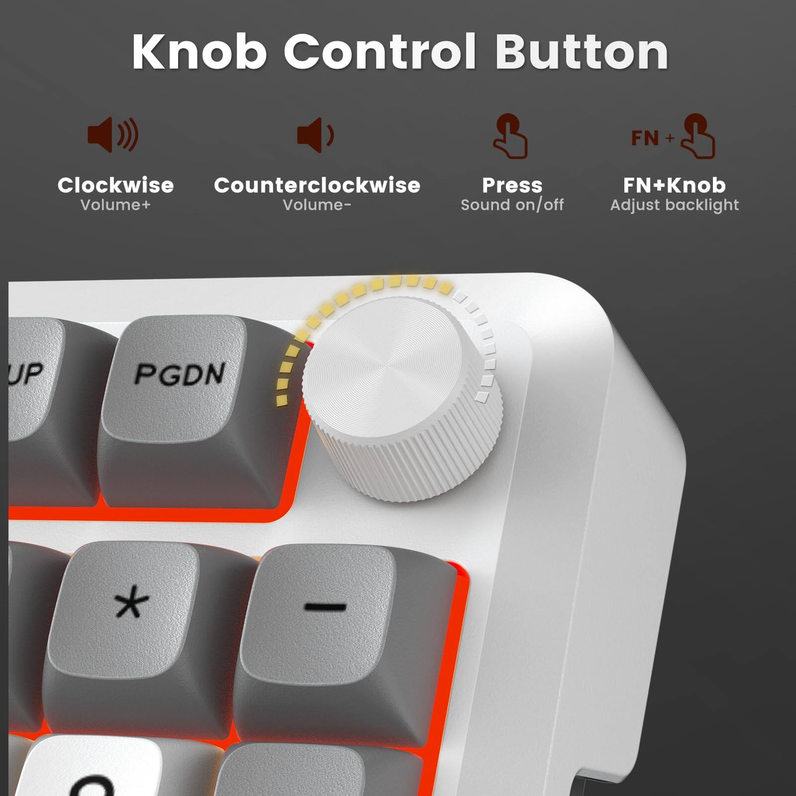 Knob Control Button

- Clockwise: Volume+
- Counterclockwise: Volume-
- Press: Sound on/off
- FN+Knob: Adjust backlight

UP PGDN