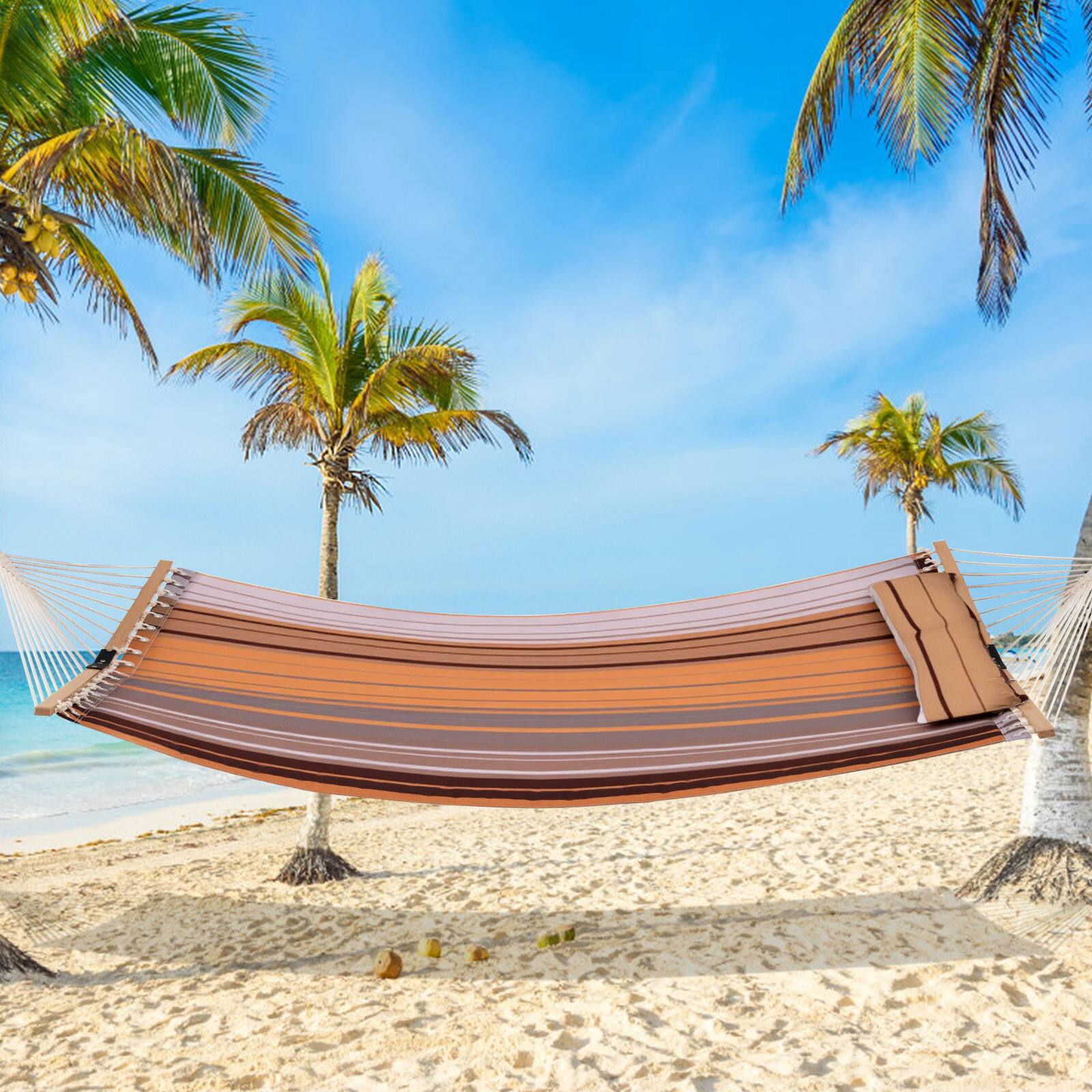 Alt View 3. Gymax - Gymax Patio Hammock Foldable Portable Swing Chair Bed Detachable Pillow Blue & Green - Brown.