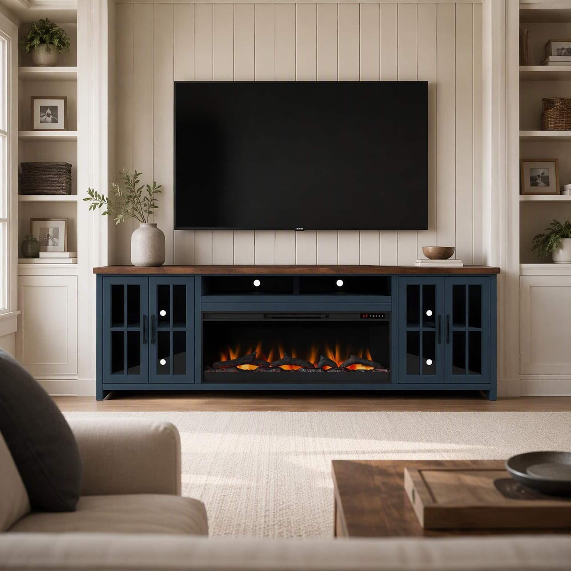 RYHNUYNE - 97 Inch Nantucket Farmhouse Fireplace TV Stand, Fits Up To 100 Inch TVs For Spacious Classic Living Room Decor - Blue