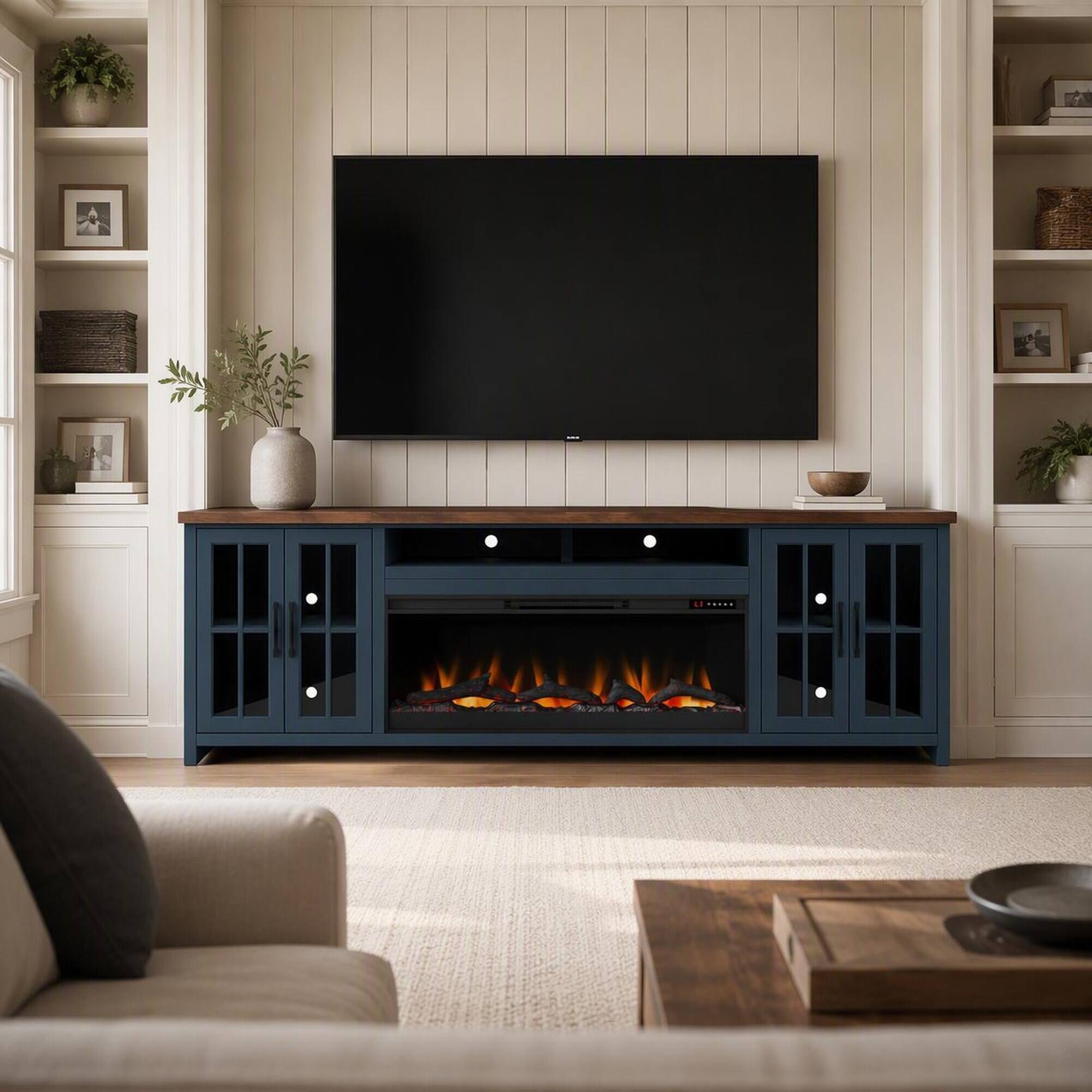 Front. RYHNUYNE - 97 Inch Nantucket Farmhouse Fireplace TV Stand, Fits Up To 100 Inch TVs For Spacious Classic Living Room Decor - Blue.