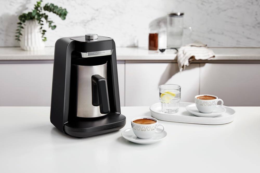 Angle. Arc - Arzum Okka Rich Spin Pro Turkish Coffee and Hot Beverage Maker, Velvetiser, Milk Frother, 120V, 5 Cups, Chrome - Black.