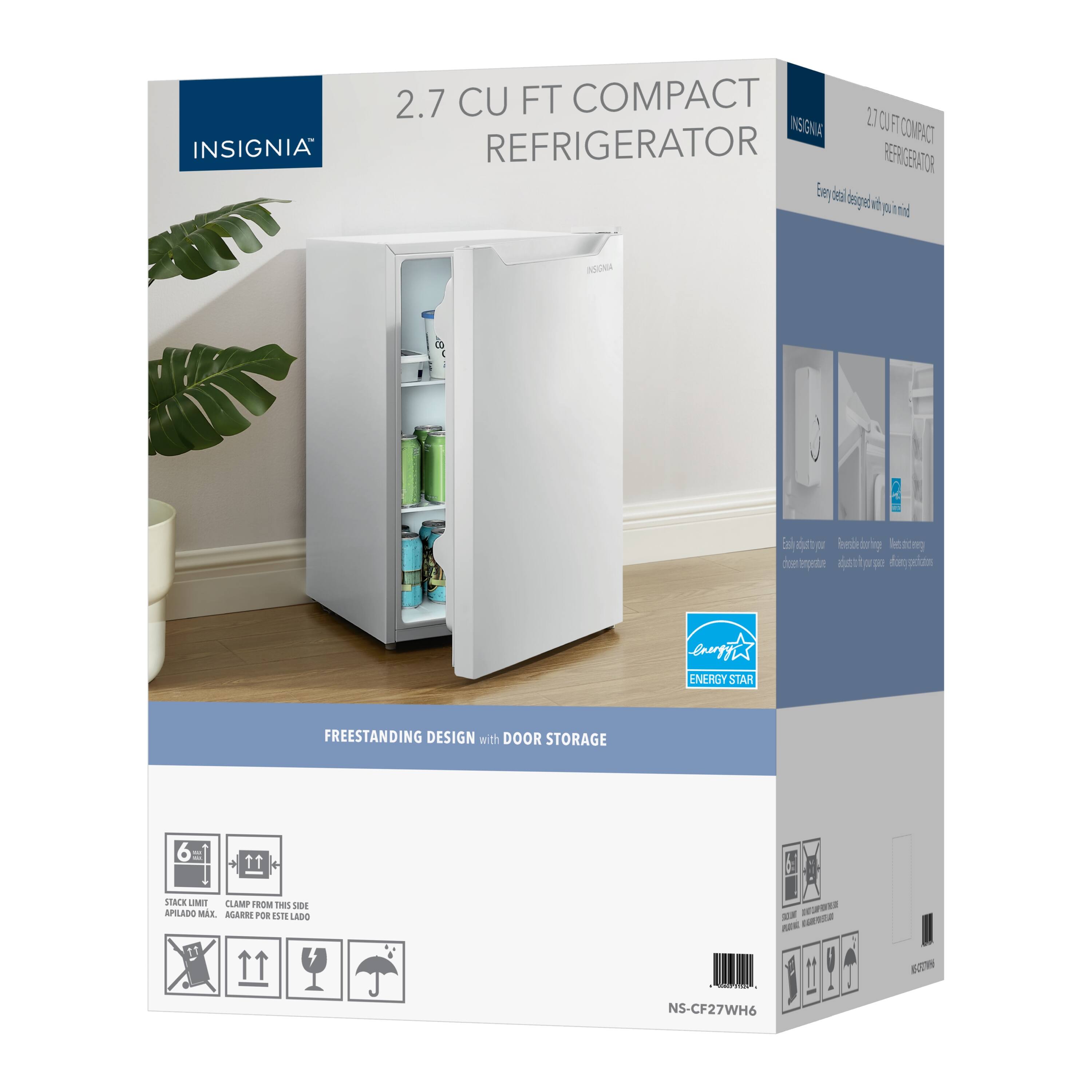 INSIGNIA 2.7 CU FT COMPACT REFRIGERATOR

- ENERGY STAR
- FREESTANDING DESIGN
- DOOR STORAGE

Model: NS-CF27WH6