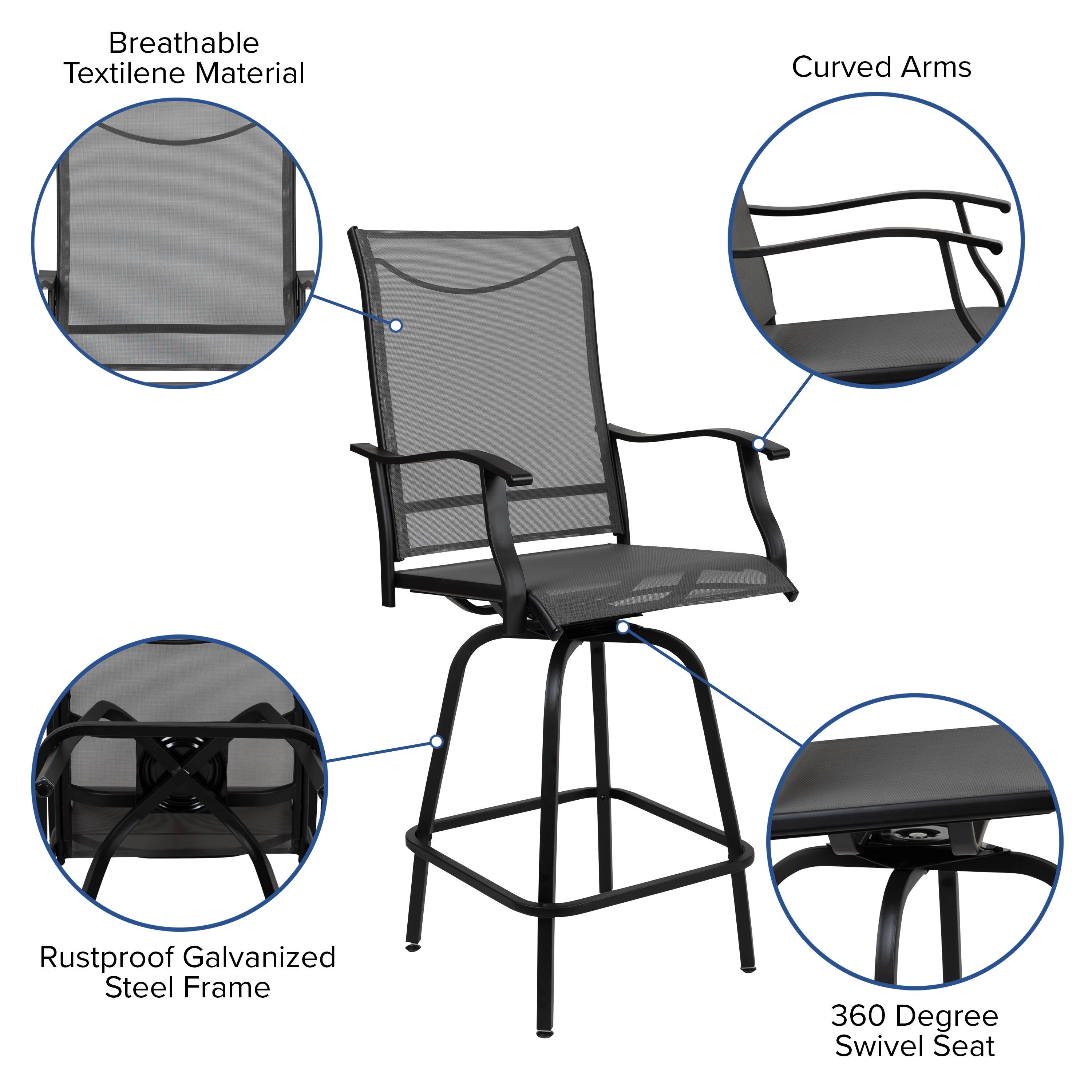 Breathable Textilene Material  
Curved Arms  
Rustproof Galvanized Steel Frame  
360 Degree Swivel Seat