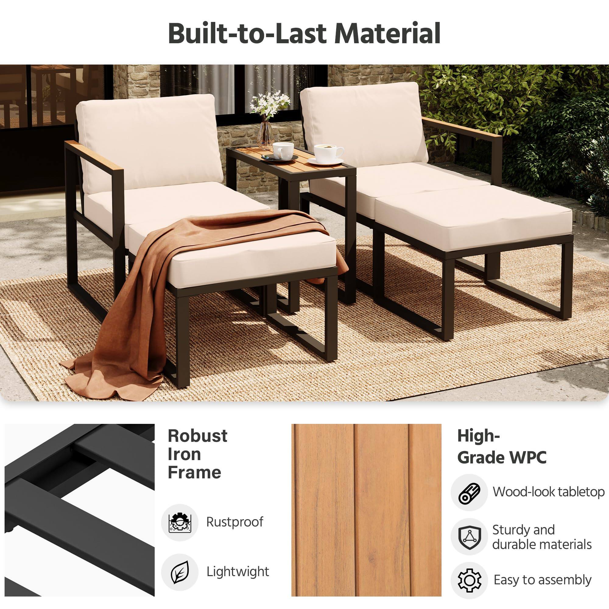 Built-to-Last Material

- Robust Iron Frame
  - Rustproof
  - Lightweight

- High-Grade WPC
  - Wood-look tabletop
  - Sturdy and durable materials
  - Easy to assemble