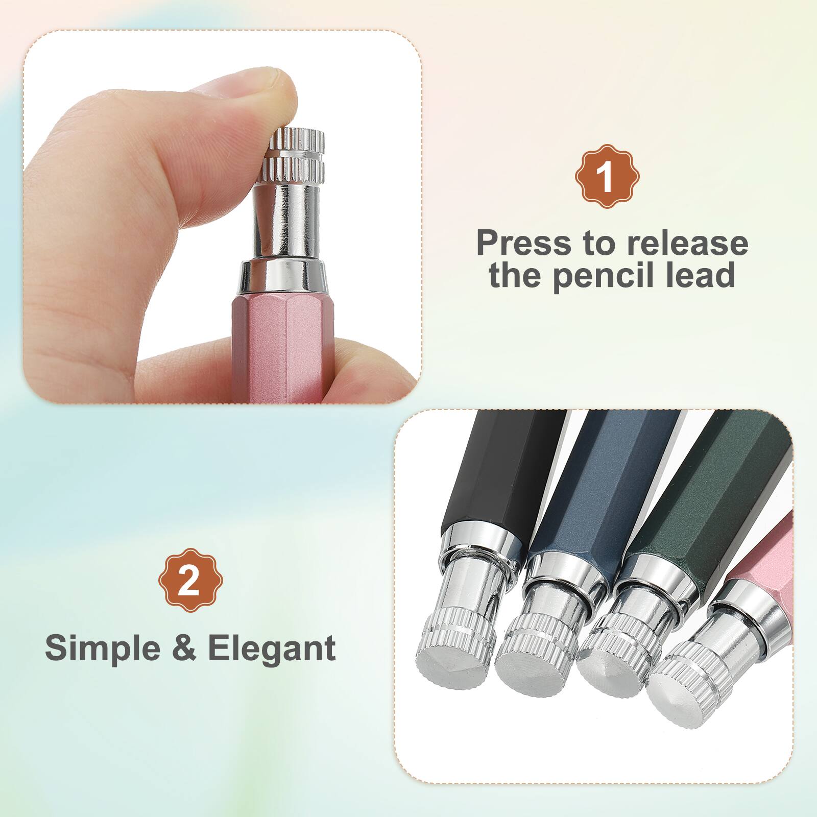 1. Press to release the pencil lead
2. Simple & Elegant