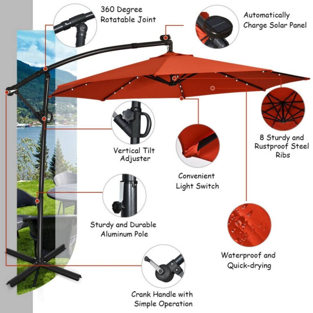 360 Degree Rotatable Joint  
Automatically Charge Solar Panel  
Vertical Tilt Adjuster  
8 Sturdy and Rustproof Steel Ribs  
Convenient Light Switch  
Sturdy and Durable Aluminum Pole  
Waterproof and Quick-drying  
Crank Handle with Simple Operation