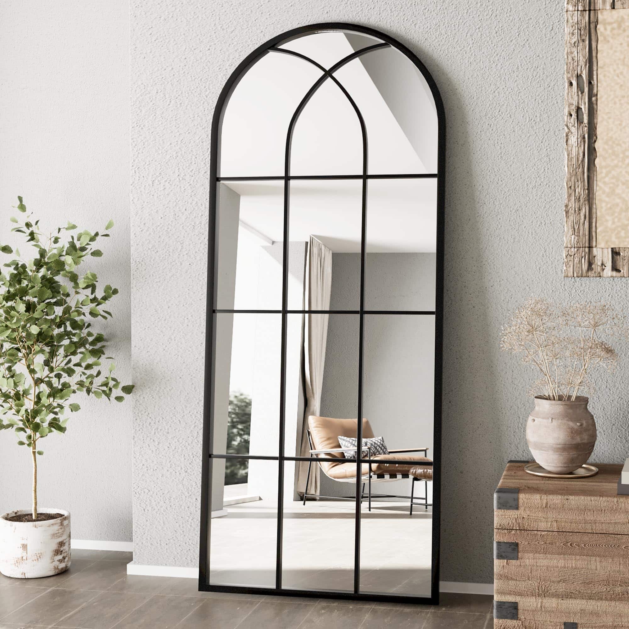 Cedar Assembly - Floor Full Length Mirror Arched-top Window Pane Body Mirrors 65"x22" Wall Mounted Standing Hanging Or Lea - Antique Mirror-black-71"L x 32"W