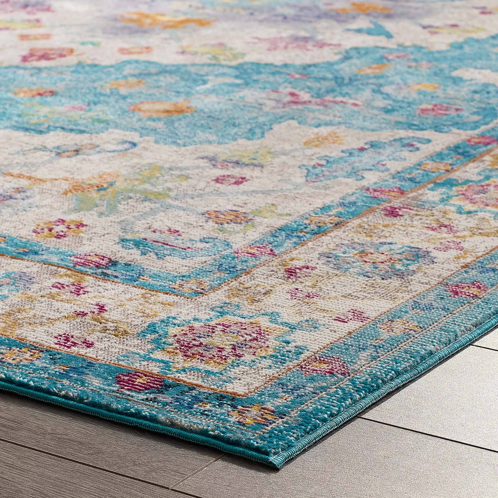 Back. Modway - Success Anisah Distressed Floral Vintage Medallion Area Rug - Light Blue Ivory Yellow Orange.