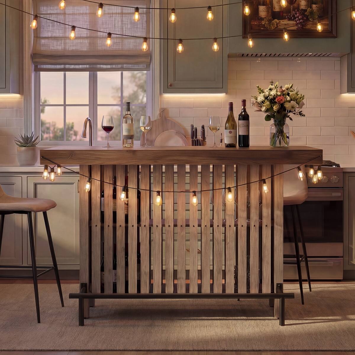 Angle. Loheer - Loheer 3-in-1 Bar Table, Counter Height Table with Wine Storage, Slatted Panel Design, Brown and Gray - Gray and Brown.
