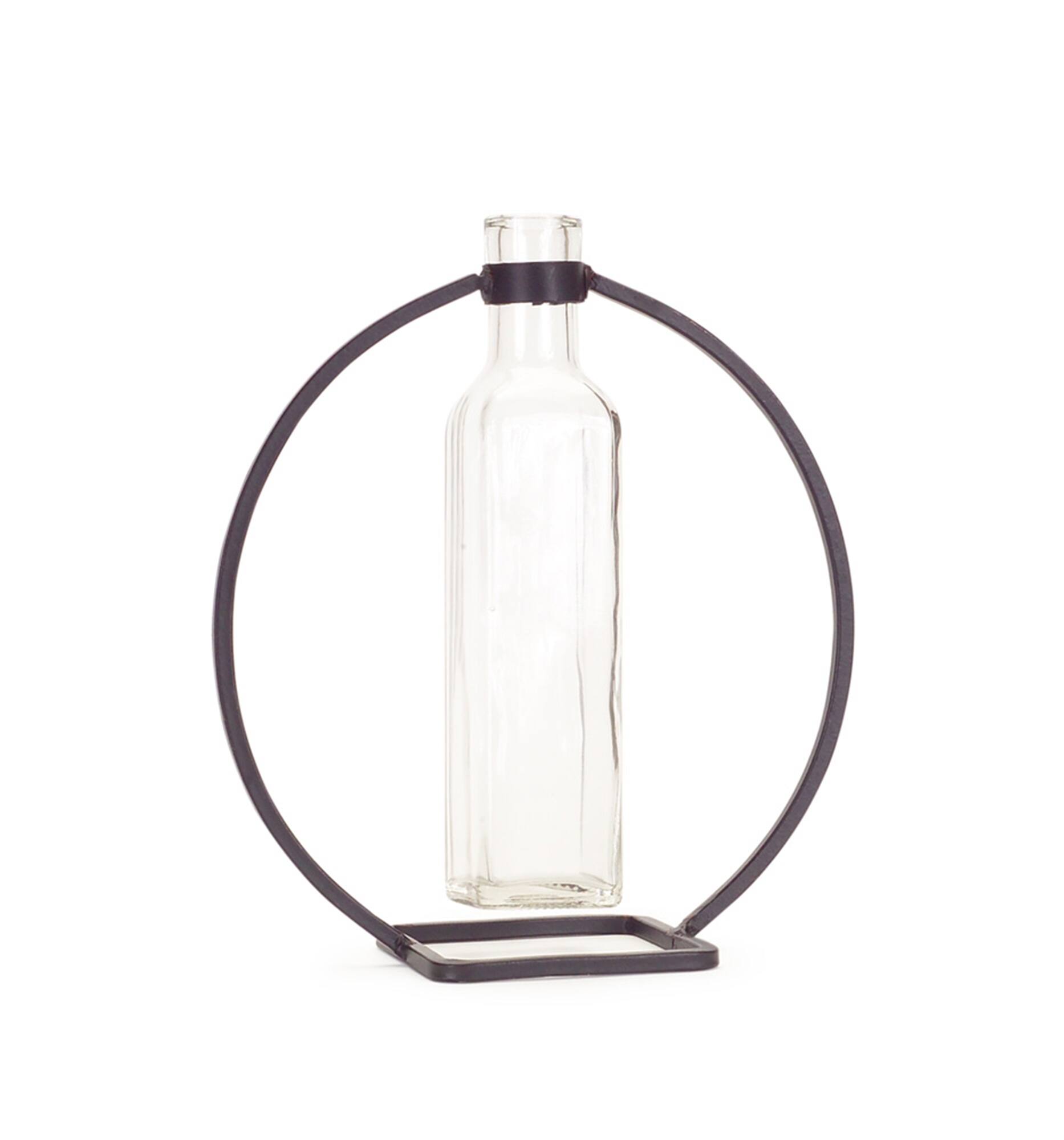 Left. BreeBe - Modern Hanging Bottle Vase in Circle Stand (Set of 4) - Grey.